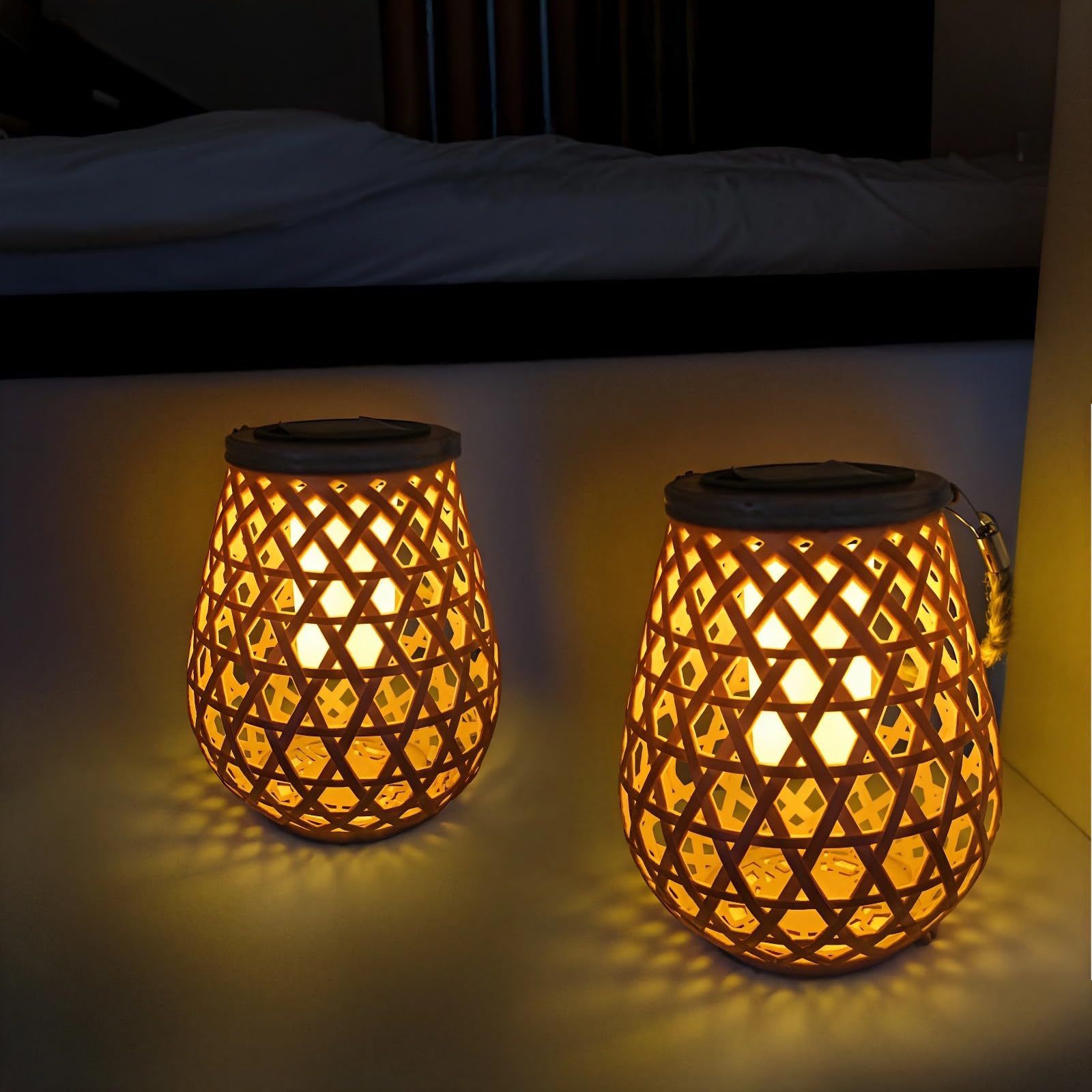 Latarnia solarna, tkana, rattanowa lampa stołowa na zewnątrz, chińska lampa tarasowa z uchwytem, wysokość 35 cm, średnica 17 cm, stopień ochrony IP44, do ogrodu i balkonu