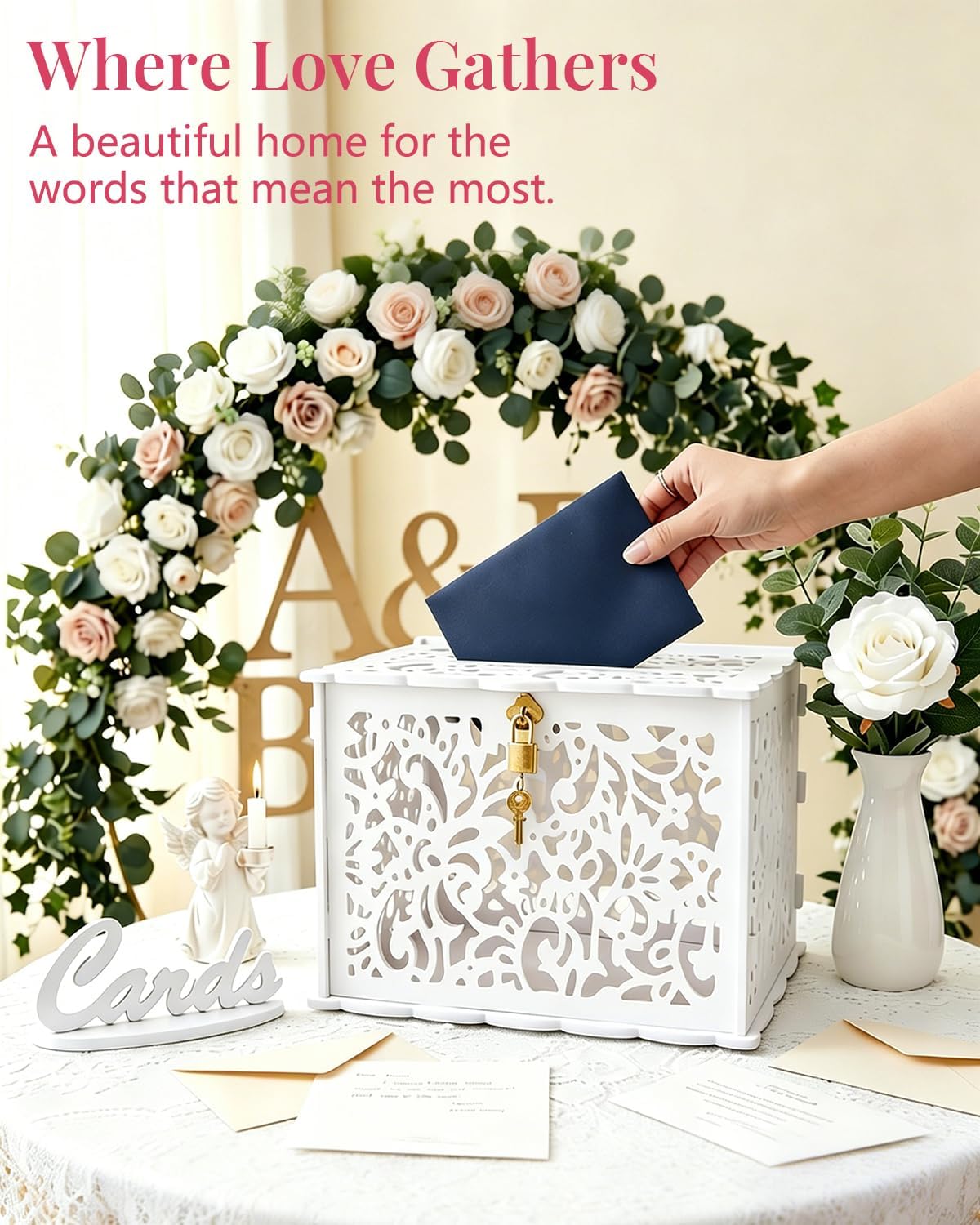 White Wedding Card Box for Receptions, Large PVC Gift Card Box for Wedding, Wedding Card Box with Lock, Cash Envelope Box for Wedding Anniversary Bridal Baby Showers Graduation Birthday Party Decor