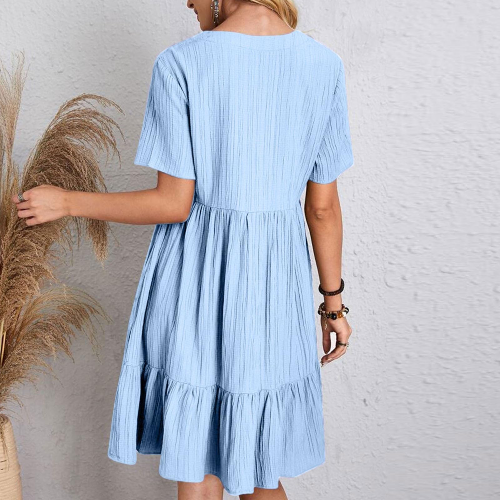 Vestido de muselina para mujer, de verano, de lino, largo hasta la rodilla, con cuello en V, camiseta, vestido de manga corta, vestido de casa, elegante, sencillo, informal, suelto, con volantes