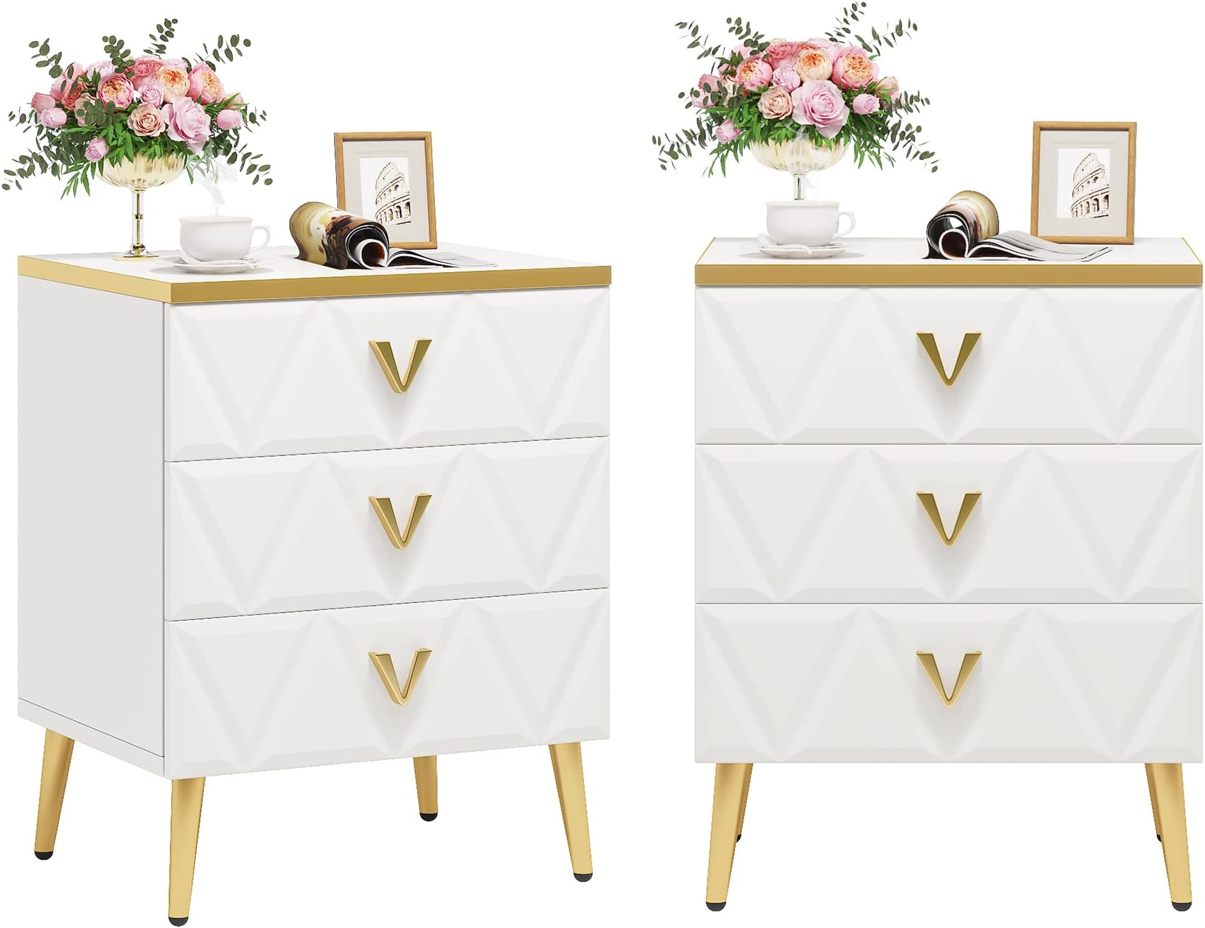 Tribesigns 3-Drawer Nightstand Set of 2, Luxury Bedside Table End Table with Storage Drawers and Golden Legs, Modern Nightstand for Bedroom, Gold and White