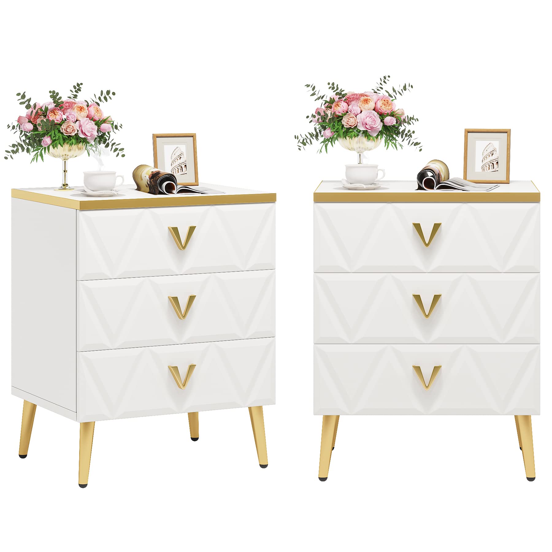Tribesigns 3-Drawer Nightstand, Luxury Bedside Table End Table with Storage Drawers and Golden Legs, Modern Nightstand for Bedroom, Gold and White