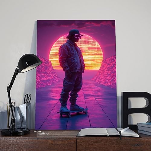 Miniatura 8 de ZMLIS Póster Vaporwave de la cultura del patinaje de los años 80  Impresión de pared de neón con diseño de cuadras de sol y puesta de sol,