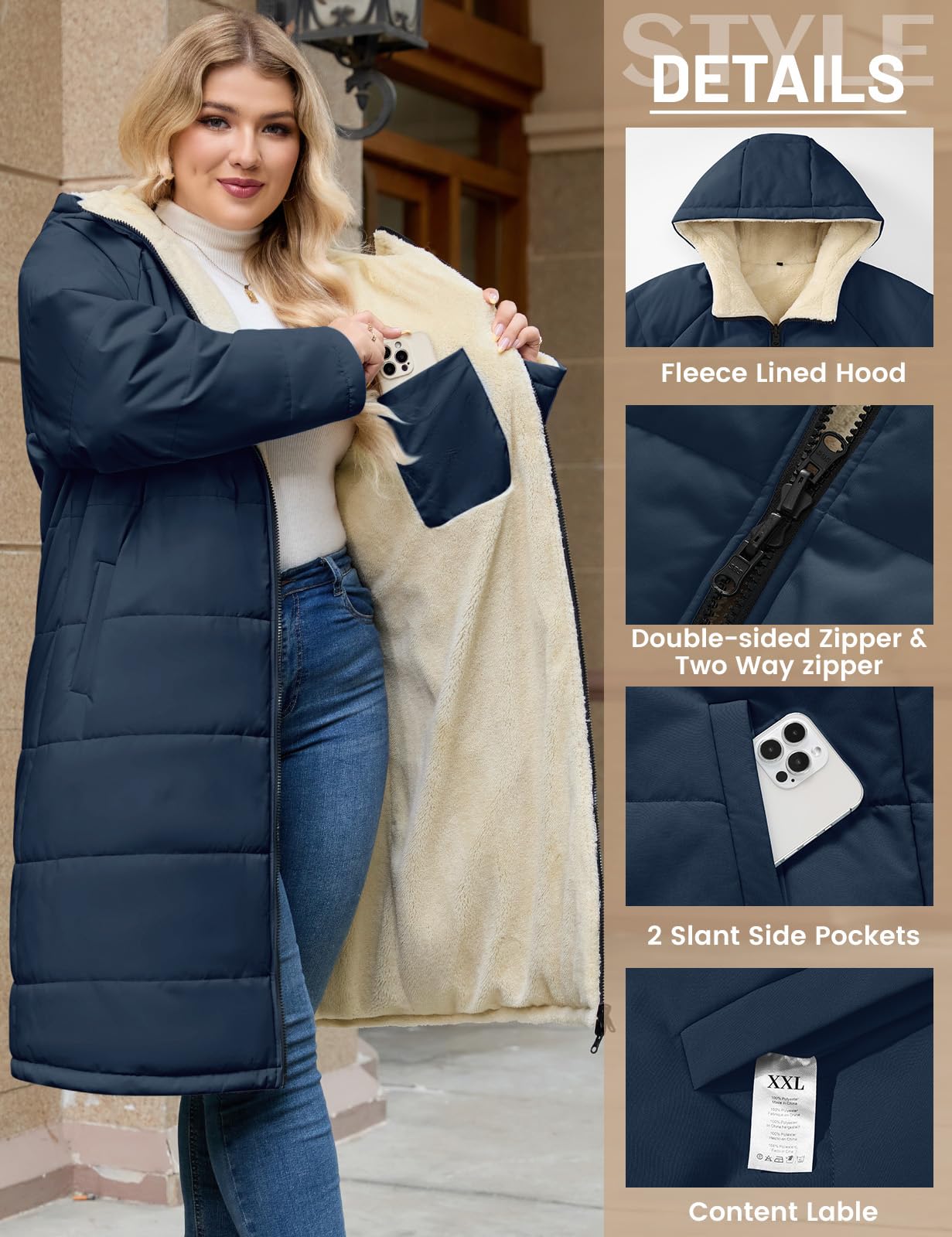 CMTOP Cappotto Donna Invernale Taglie Forti Lungo, Foderati in Pile Caldo Giubbotto Antivento Parka Elegante Classico Giacca Imbottito Giaccone con Cappuccio, Cerniera e Tasche