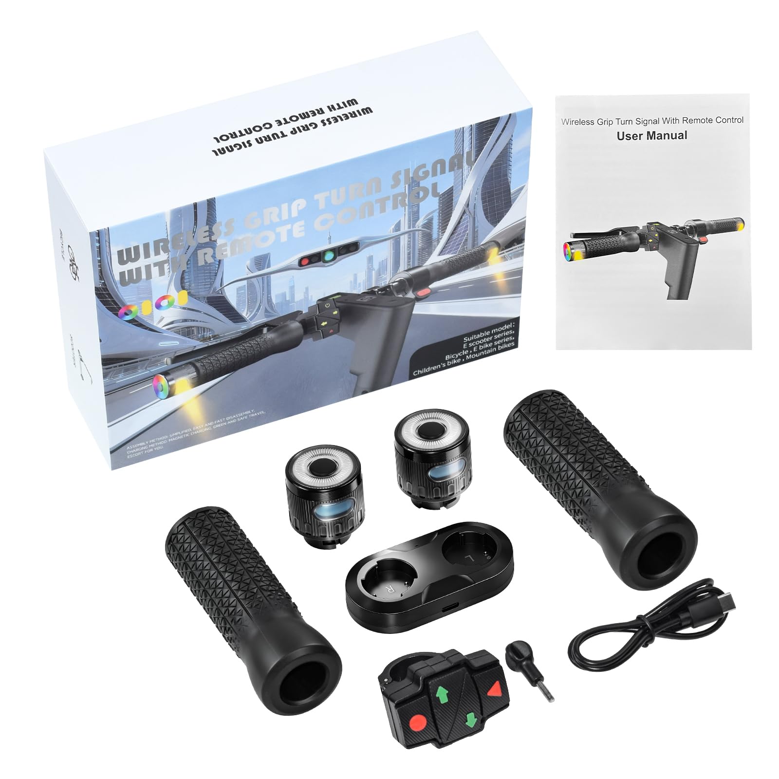 Kit di manopole per manubrio con lampeggianti senza fili per scooter elettrici 2,2 cm / 0,86" Diametro maniglie con telecomando e caricatore accessori