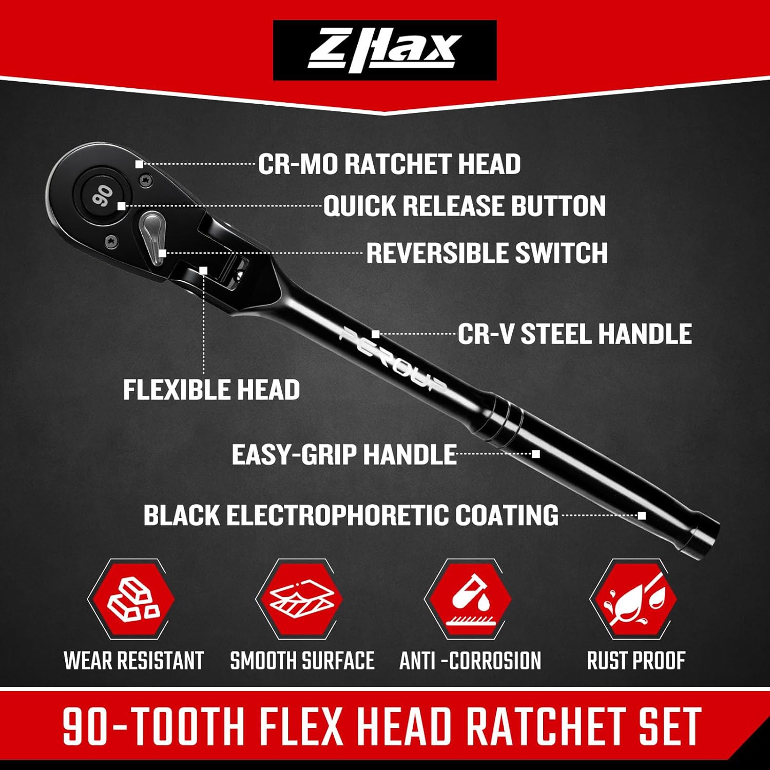 zhax 3-Piece Flex-Head Ratchet Set, 1/4”, 3/8”, 1/2” Drive 90-Tooth Ratchets, Quick Release Reversible Ratchet Wrenches for Repairing, Home, DIY, Chrome Alloy Made