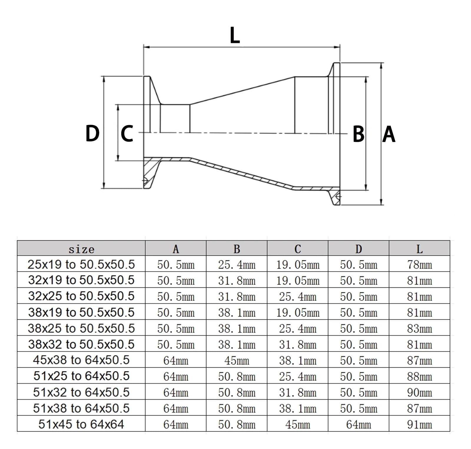 Tube OD19 25 32 38 45 51 mm et collier de serrage de 1,5" 2" Virole 50,5 64 mm Réducteur de tube en acier inoxydable 304/316L Adaptateur réducteur (38 x 32 à 50,5 x 50,5)