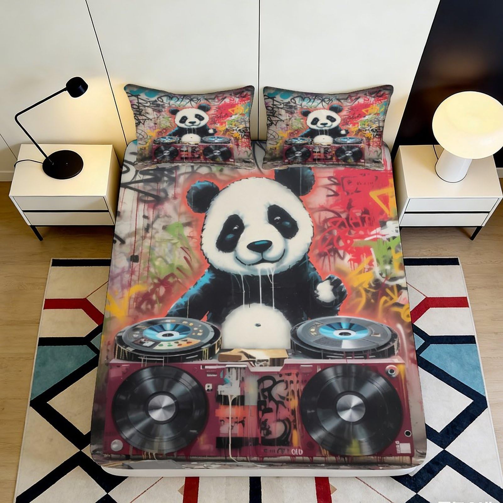 3D Printed DJ Panda Fitted Sheet Microfiber Soft Decor Graffiti Turntable Bed Cover for Bedroom Dorm Guest Room 90x200x25cm