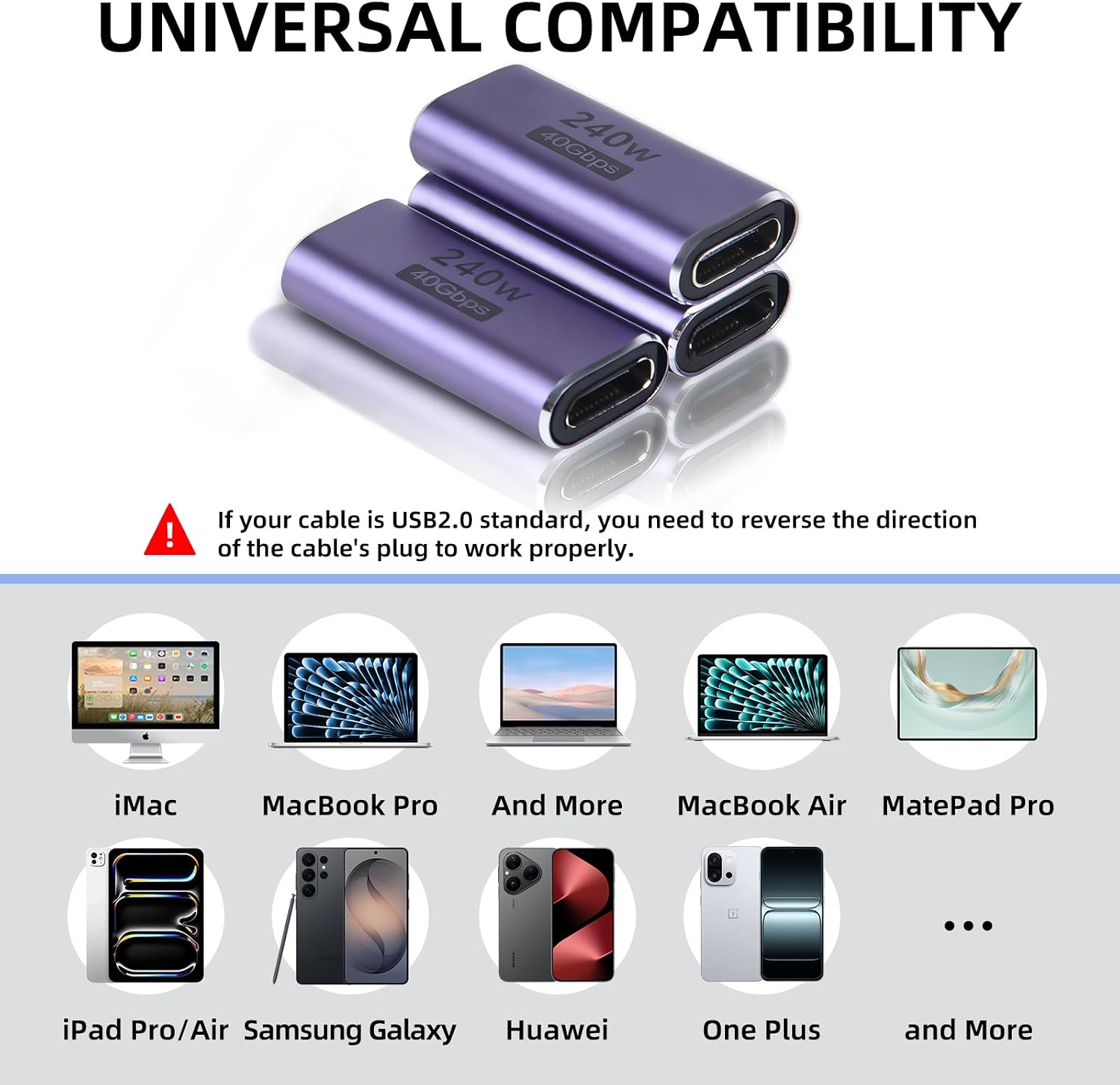 3 Pack USB C Female to Female Adapter, USB C to USB C Coupler Supports 240W Charging & 40Gbps Data Transfer, 8K@60Hz Video Output Type C Extender Compatible with MacBook, iPad, Thunderbolt 4/3