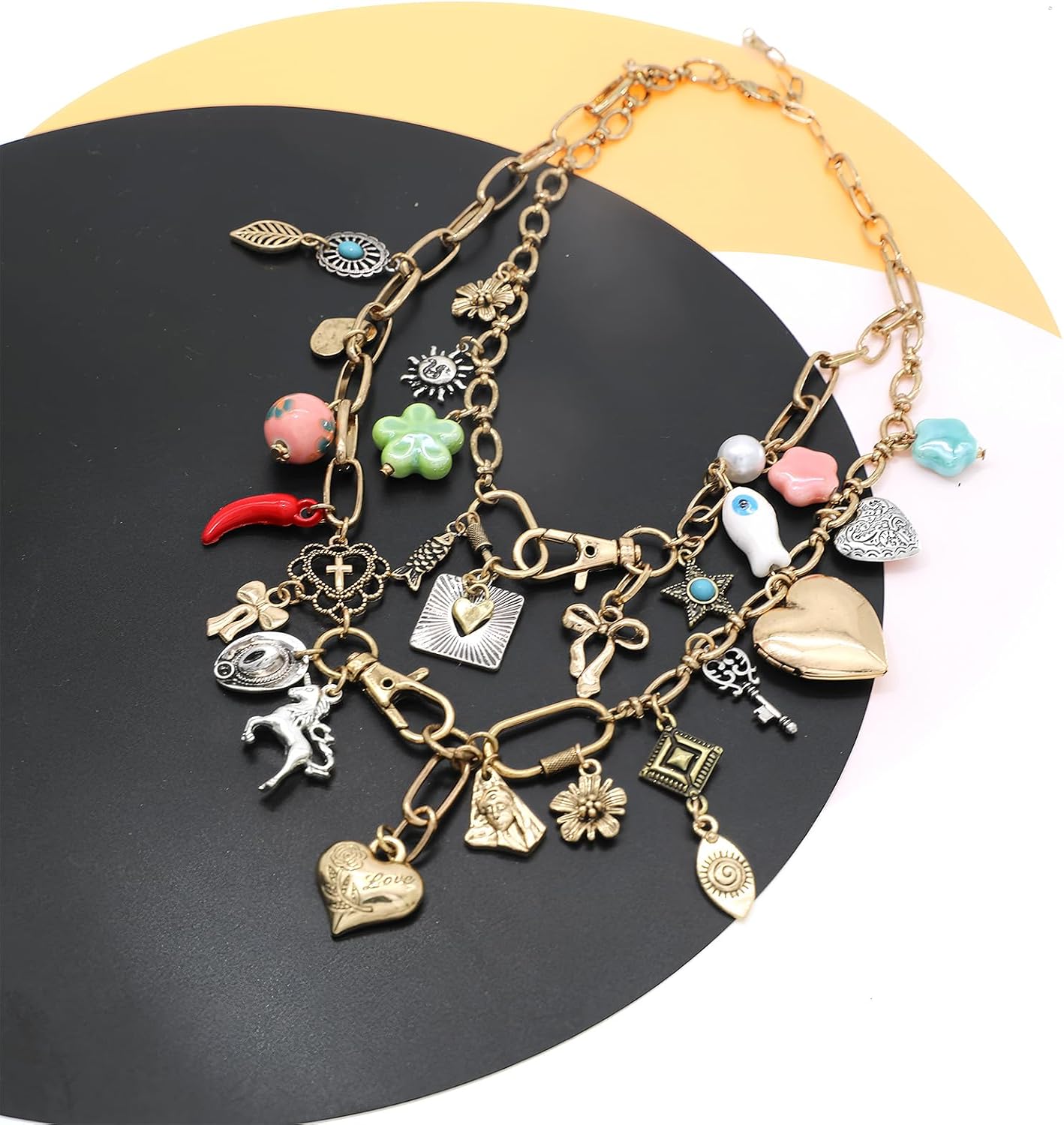 JNF Chunky Layer Heart Charm Necklace for Women Boho Heart Sun Flower Key Coins Charms Necklaces Paperclip Link Chain Necklace Summer Beach Statement Jewelry