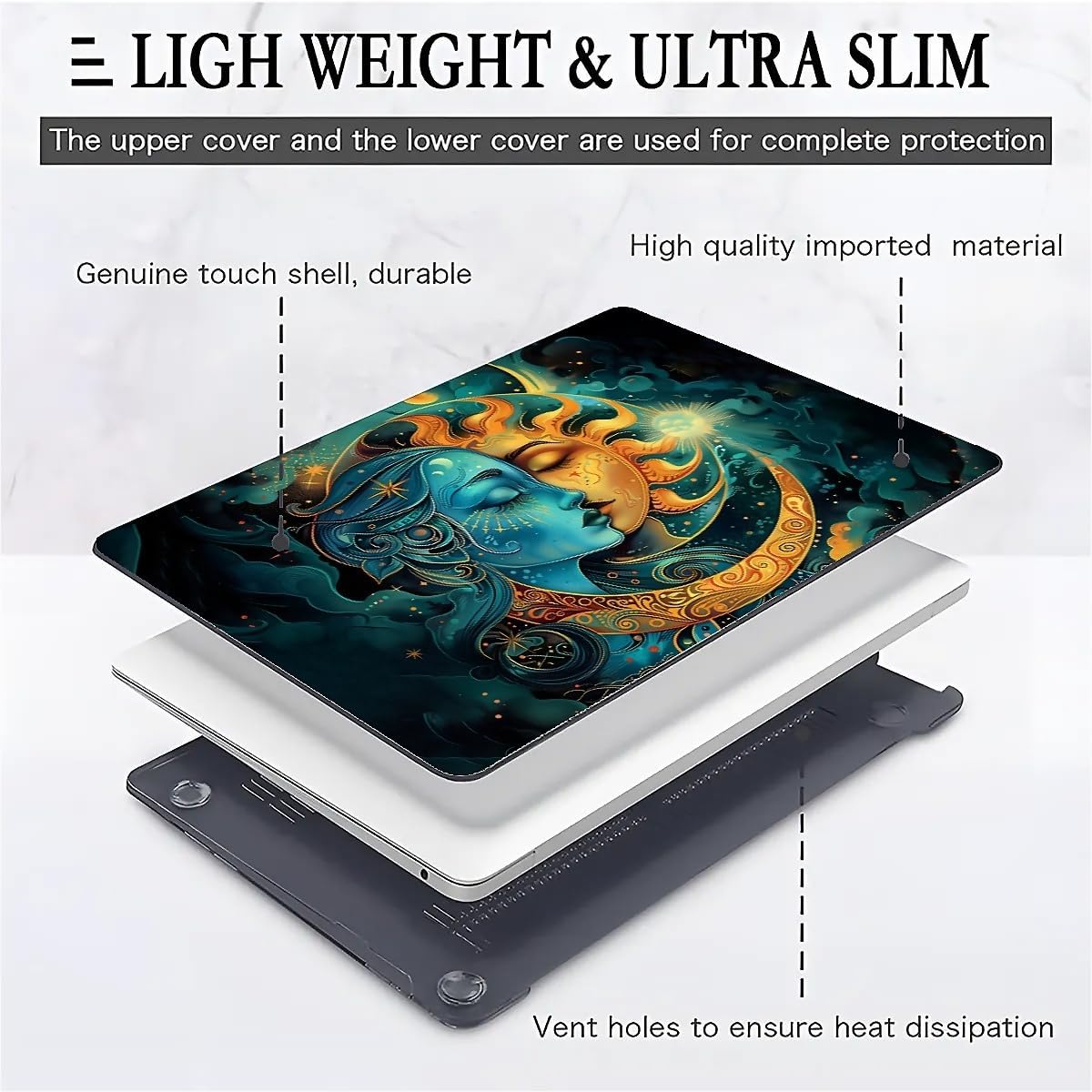 Computer Case for MacBook Air 15 Inch Moon Sun Superimposed Colorful Pattern Black Release 2023 Model A2941 Hard Shell Case Compatible with MacBook Air 15 Inch