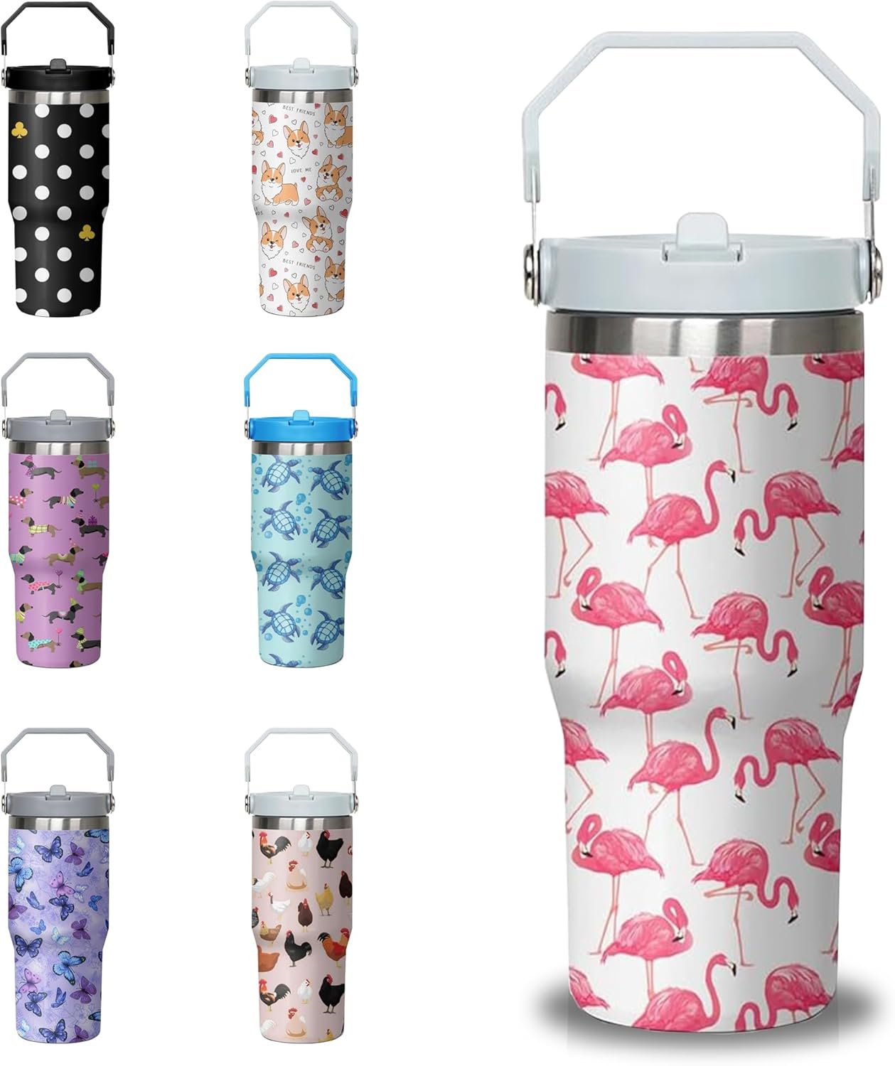 30 oz Cute Flamingo Tumbler with Handle and Straw, Stainless Steel Double Insulated Cup with Flip Straw, Travel Coffee Mug Water Bottle,Christmas Birthday Mothers Day Gifts for Women Animal Lovers