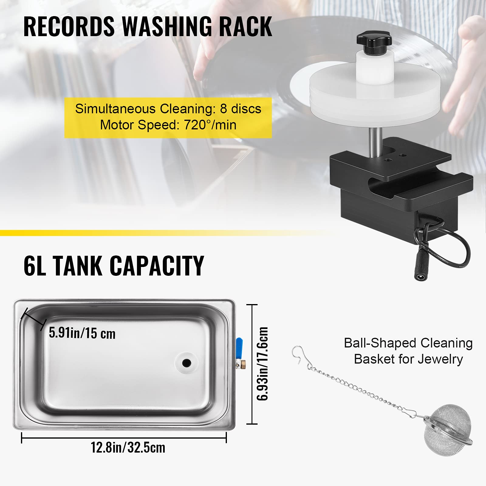 Pulitore a ultrasuoni per Dischi in Vinile con riscaldatore e Timer, Macchina a cavitazione sonica da 1,6 galloni per la Pulizia Profonda dei Dischi