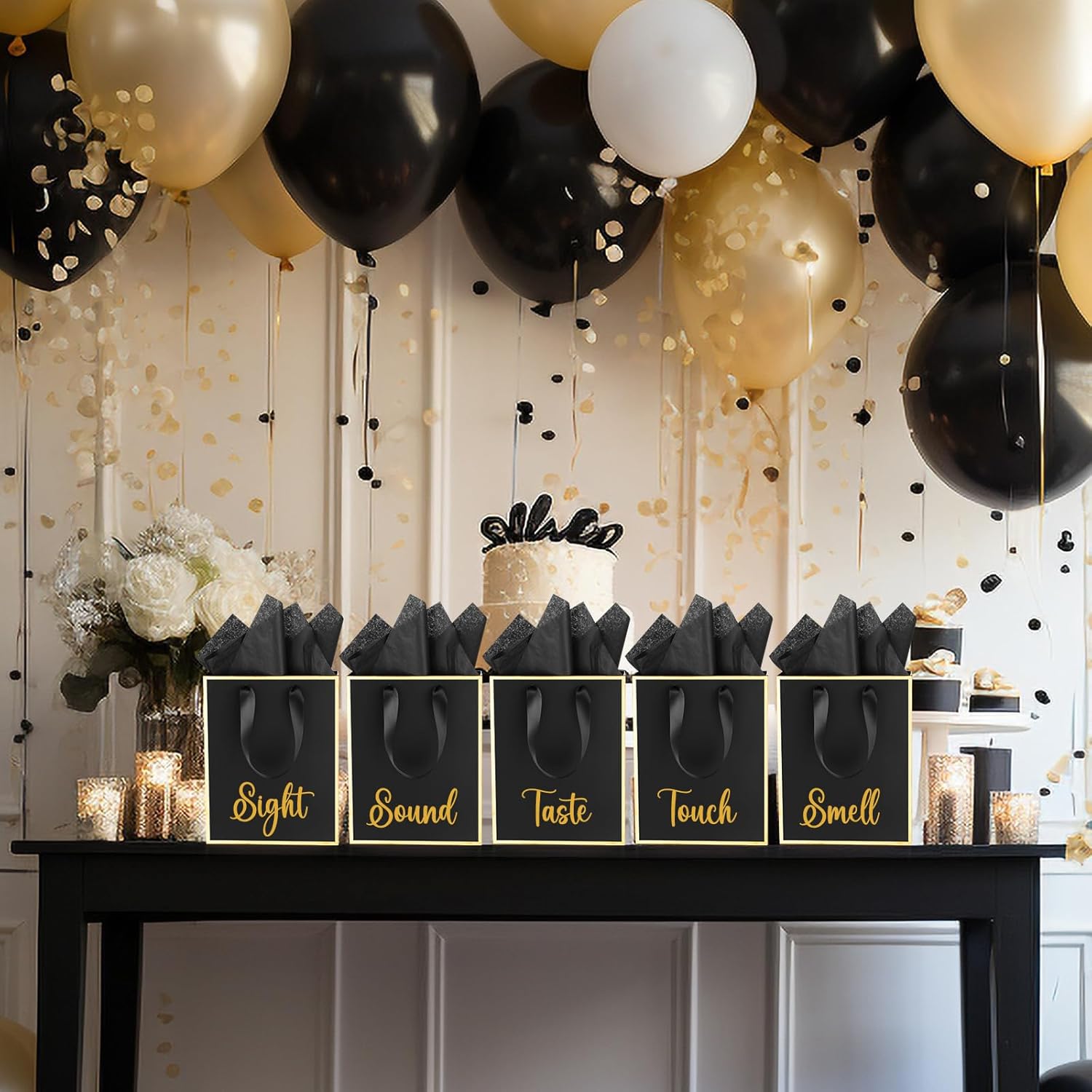 Yeaqee 10 Pack Metallic Paper Gift Bags with Handles Tissue Paper Thank You 5 Senses Gift Bag for Birthday Wedding Baby Shower Groomsmen Bridal Anniversary Favor 9 x 7 x 3.15''(Black, Gold) - Image 6