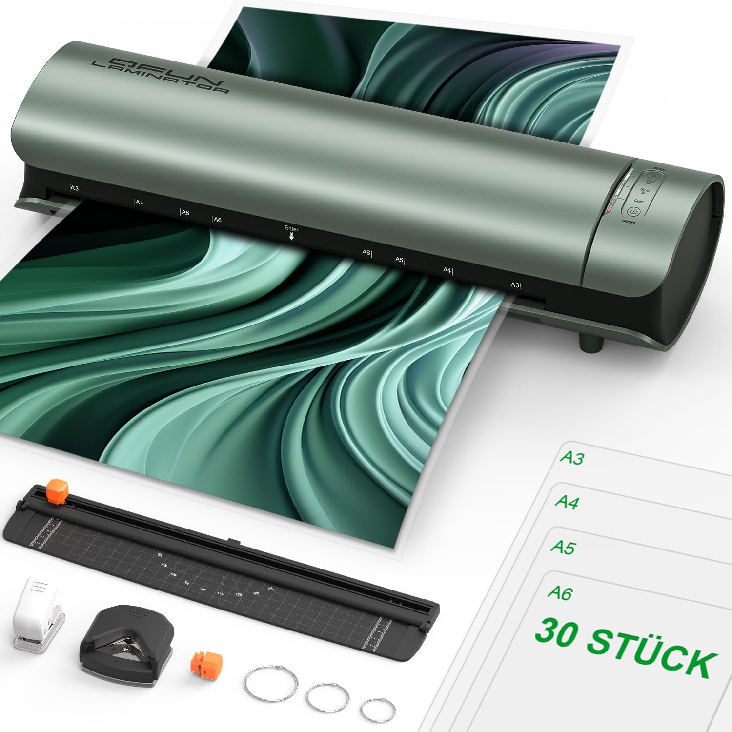 Qfun Laminiergerät A3 mit Laminierfolien 30 Stück für A3 A4 A5 A6, 9 in 1 Schnell Aufwärmen Laminiermaschinen Set Heiß und Kalt mit Papierschneider und Eckenabrunder für Schule Zuhause Büro, 80-125mic