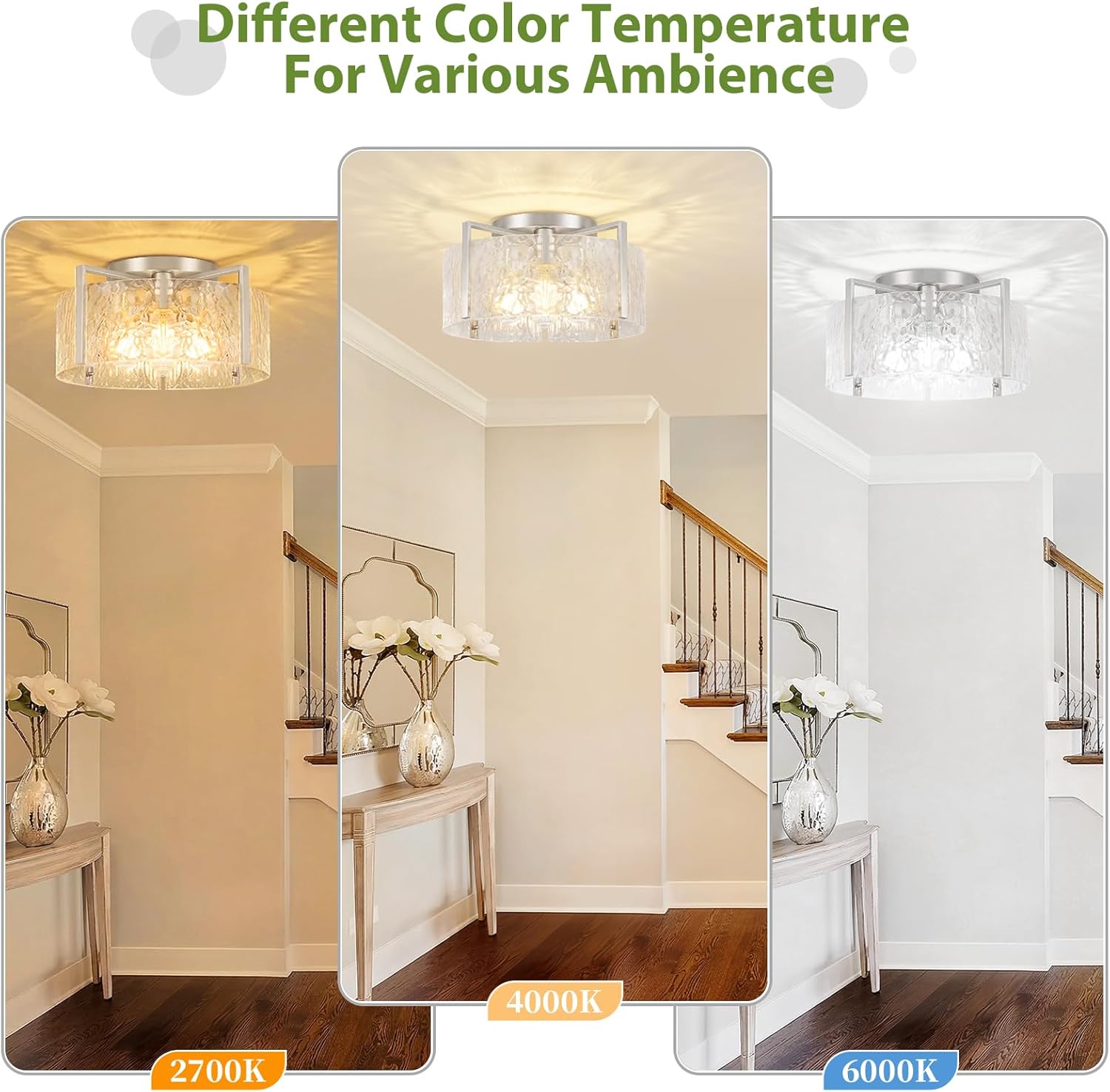 4-Light Modern Semi Flush Mount Ceiling Light Silver, 16'' Entryway Light Fixture, Glass Ceiling Mount with Hammer Glass for Passage Aisle Kitchen Island Dining Room Living Room Lighting Fixtures