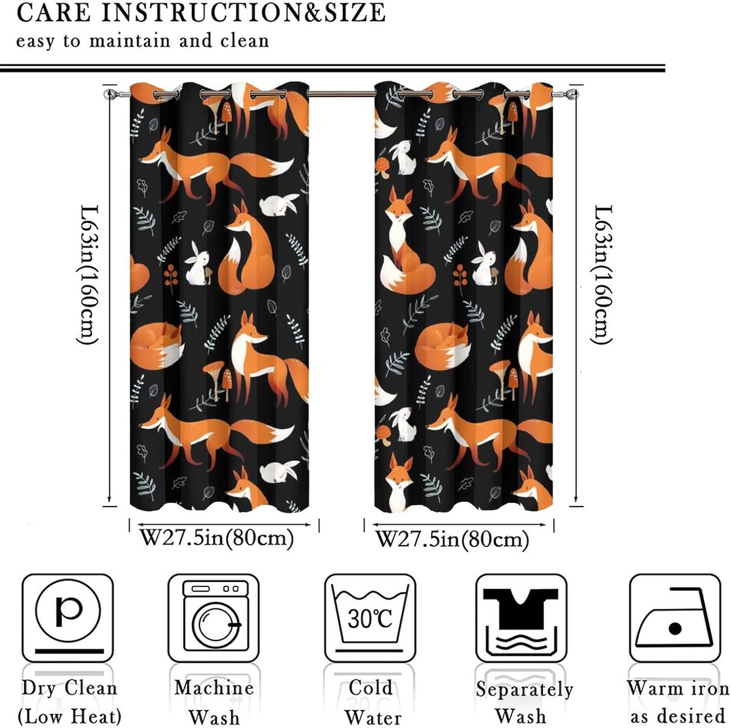 Rustic Woodland Animal Fox Blackout Curtains - Funny Cute Cartoon Forest Animal Fox Leaves Print Grommet Window Treatment Set Energy Saving Thermal Insulated Drapes,2 Panels 63L x 27.5W