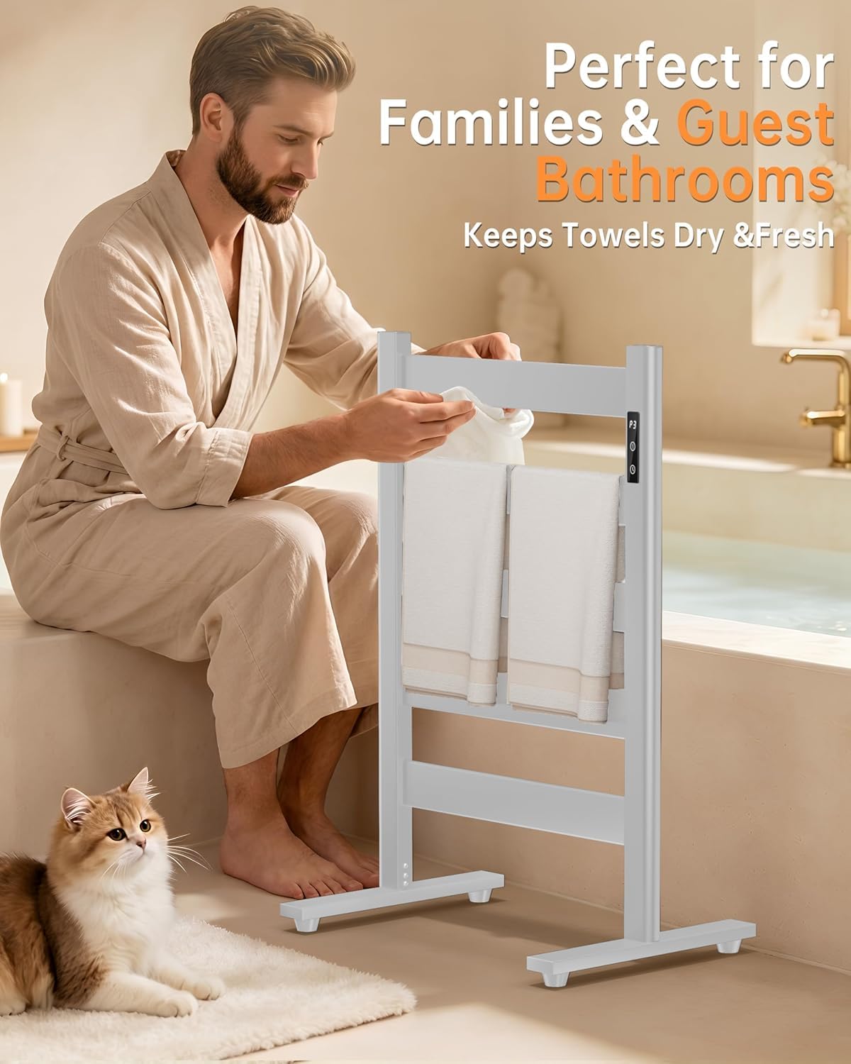 Sèche-serviettes électrique sur pied avec minuterie de 1 à 24 heures, porte-serviettes chauffant pour salle de bain, armoires, hôtels, spas
