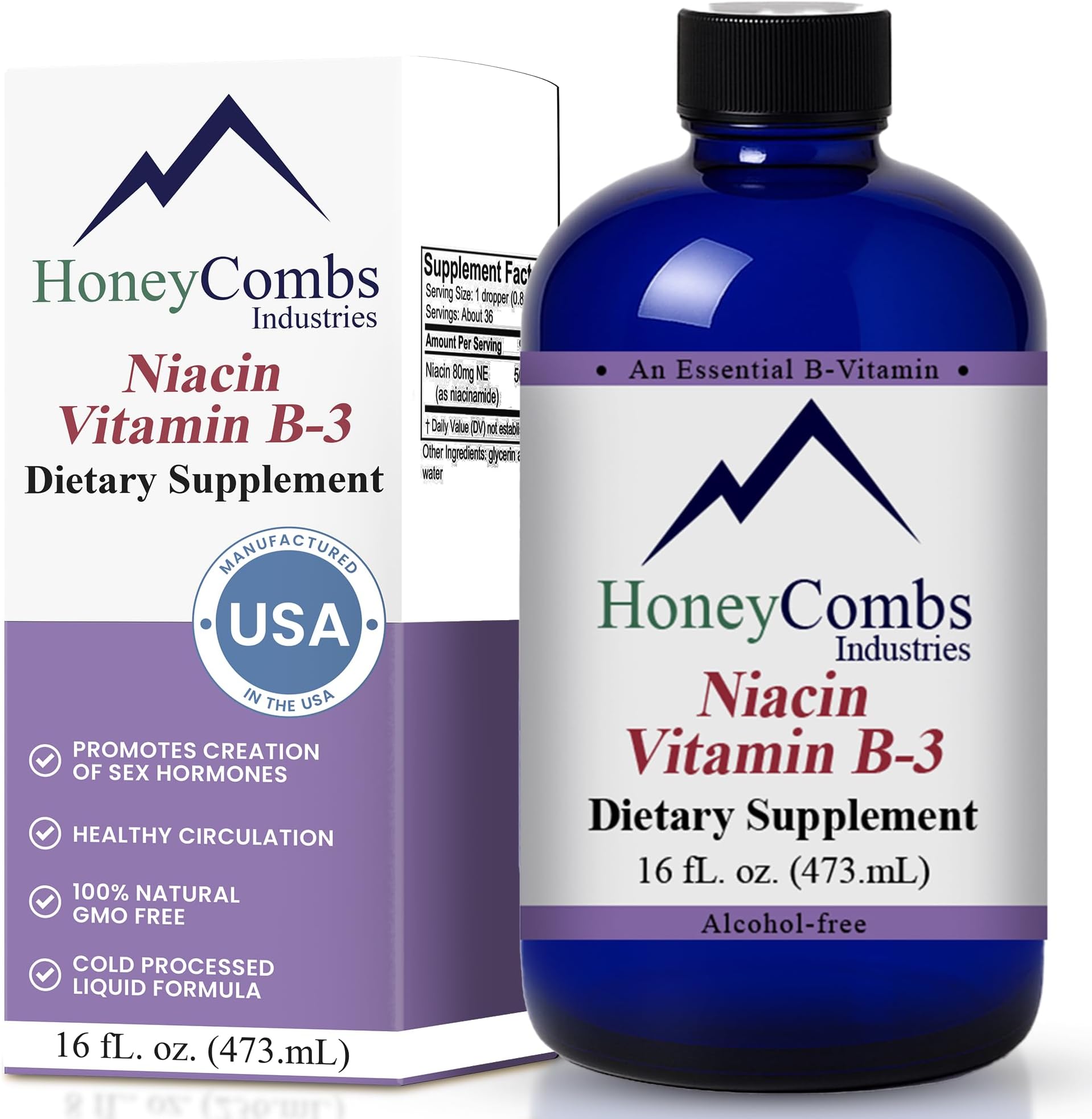 HoneyCombs Vitamin B3 Niacin Supplement Liquid Drops - High Potency Vitamin B3 Liquid Drops for Men & Women - Maintain Digestive System, Skin, Tongue, Energy and More - Vegan Niacin Drop (16 Fl oz)