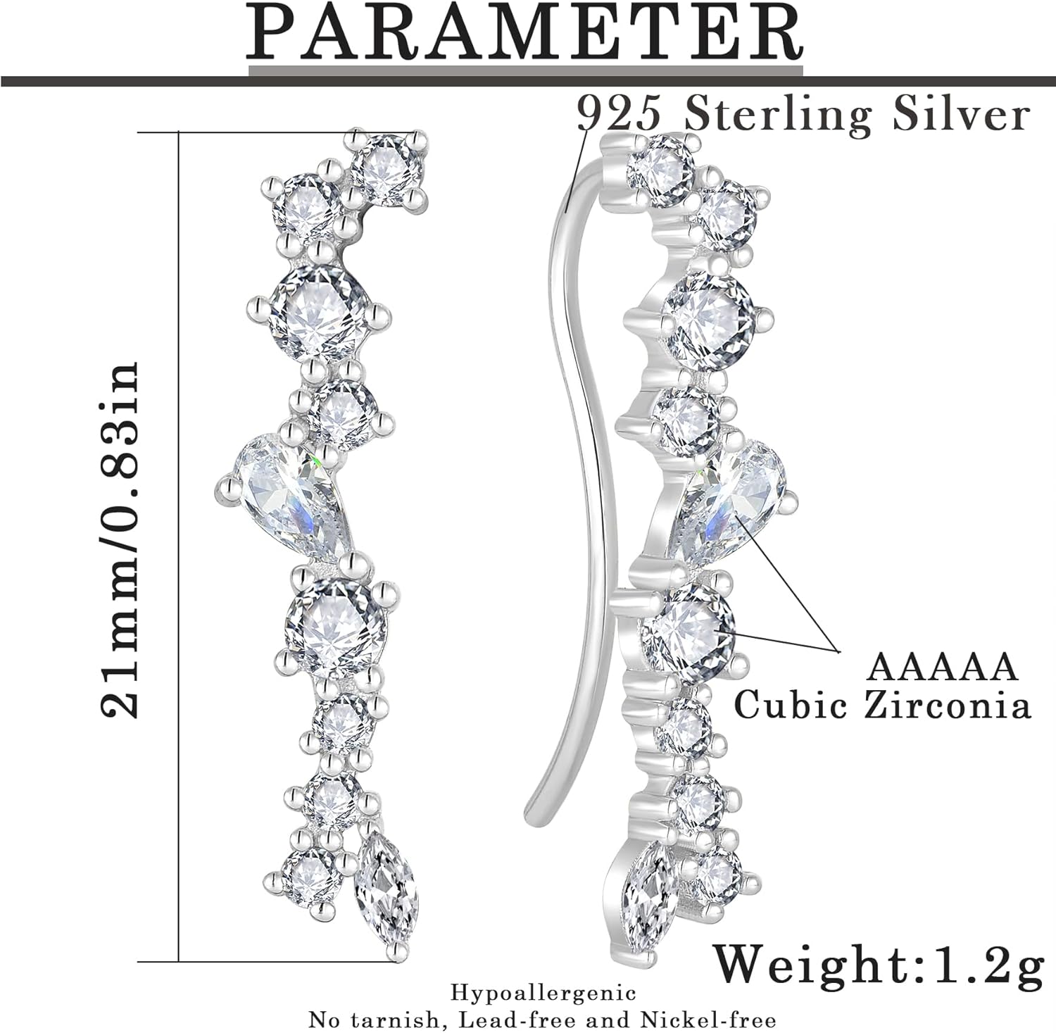 925 Sterling Silver Climber Earrings for Women White/Yellow Gold Plated Cubic Zirconia Ear Crawler Earrings Jewelry - Image 6