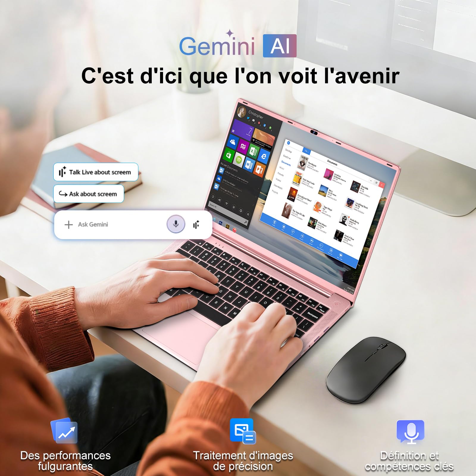 Ordinateur Portable 14 Pouces Celeron N5095 (jusqu'à 2,9 GHz) 8Go DDR4 Win11 256Go SSD Extension 1To 5G WiFi HDMl FHD PC Portable avec Souris sans Fil qwerty Clavier AZERTY Membrane du Clavier - Or-1