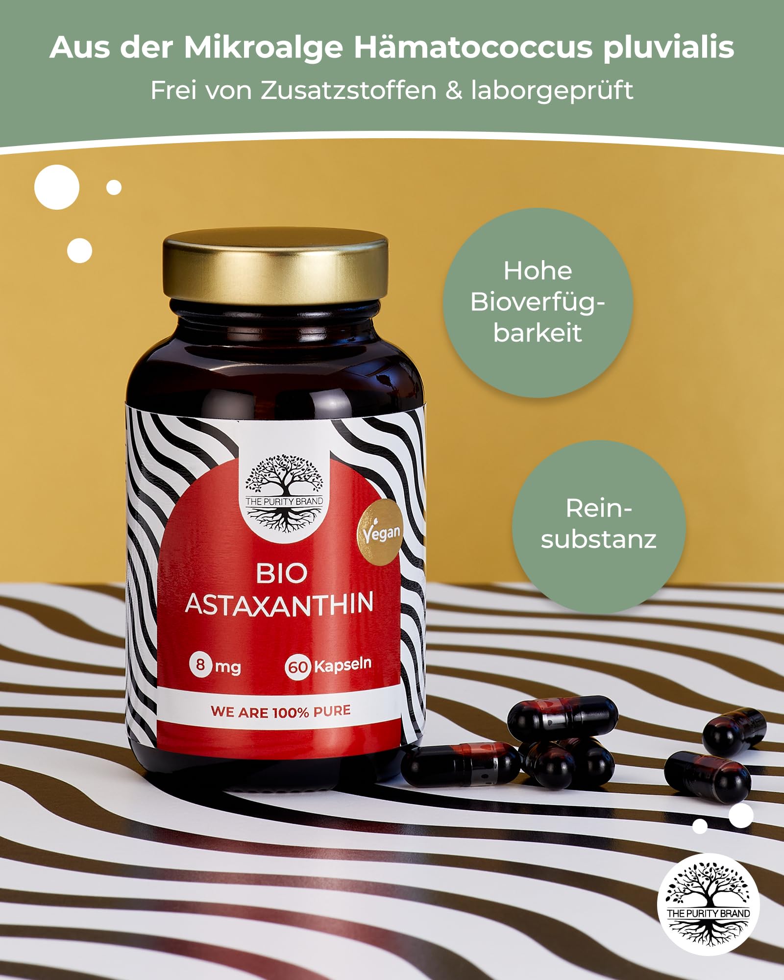 Bio Astaxanthin 60 Kapseln - 2 Monate Vorrat - Hochdosiert 8mg - Reinsubstanz - Nahrungsergänzungsmittel - Vegan & laborgeprüft - The Purity Brand