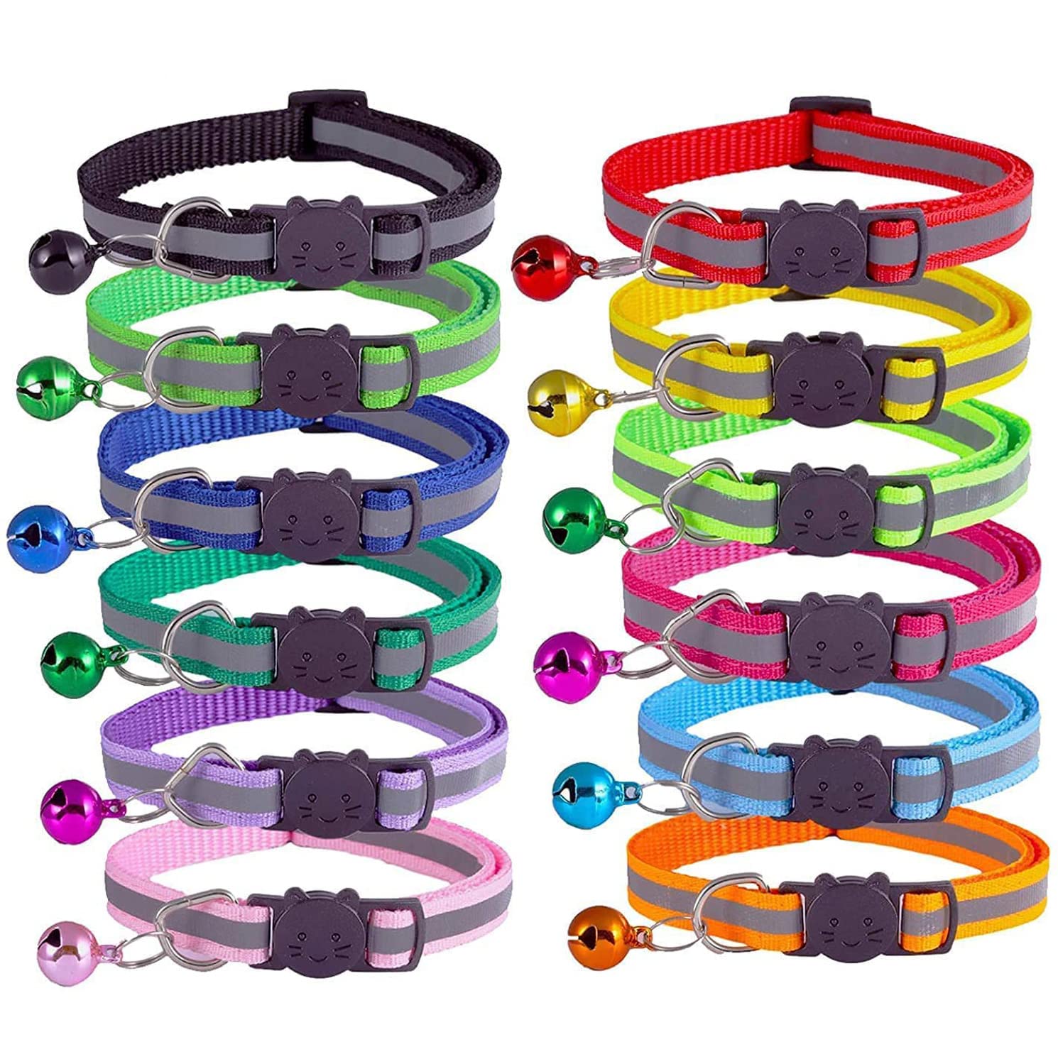 Collar reflectante para gatos con campana, juego de 12, collares sólidos y seguros para gatos, nailon, collares para gatos, collar para mascotas, collar para gatos separable (Cinta reflectante de color)