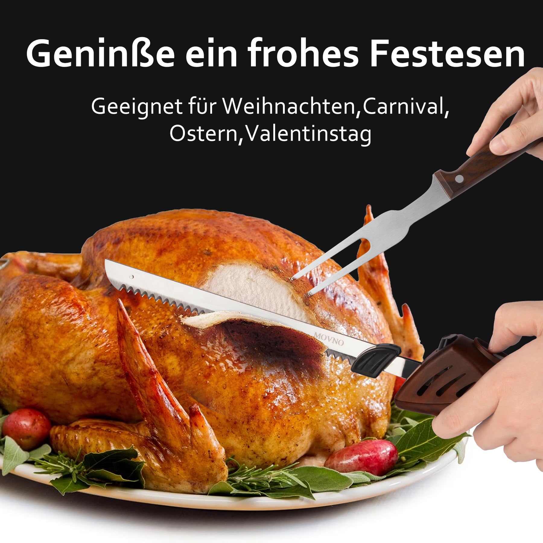 MOVNO elektrisches Messer, elektrisches Messer für Fleisch, Tranchieren von Truthahn, Brot, Geflügel, Filetieren, Schaumstoffbearbeitung und mehr, ergonomischer Griff, Gabel enthalten, Elektromesser
