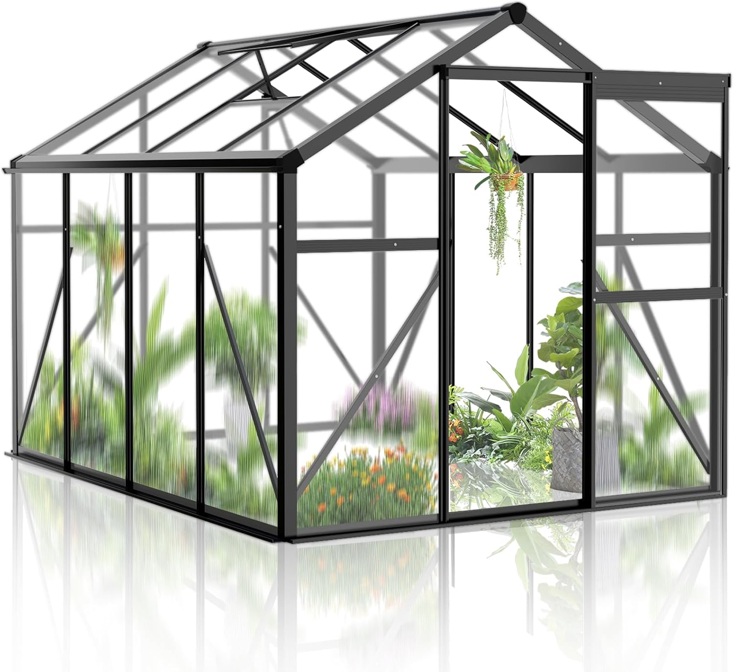 Outvita Polycarbonate Greenhouse, 6x8 FT Greenhouses for Outdoors, Large Walk-in Greenhouse with Quick Setup Structure and Roof Vent, Green Houses for Outside Garden Backyard Patio, Black