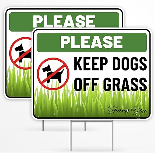 Letrero con estaca con estaca con texto en inglés "Keep Dogs Off Lawn (Keep Dogs Off Gras"), de plástico corrugado, con texto en inglés "Please Keep