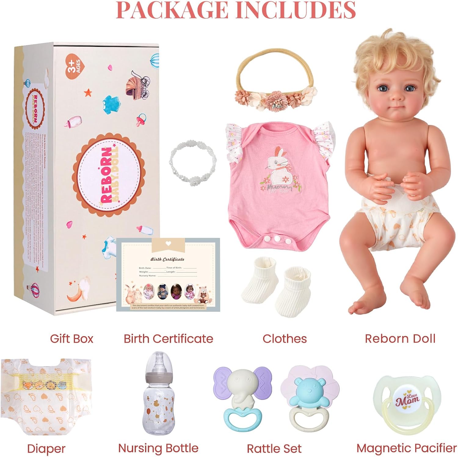 BABESIDE Reborn Baby Dolls - 17 Inch Silicone Baby Doll Realistic Baby Doll Girl Blond Curly Hair Girl Bebe Reborn de Silicona Full Body Real Life Baby Dolls with Gift Box for Kids Age 3+ Collectors