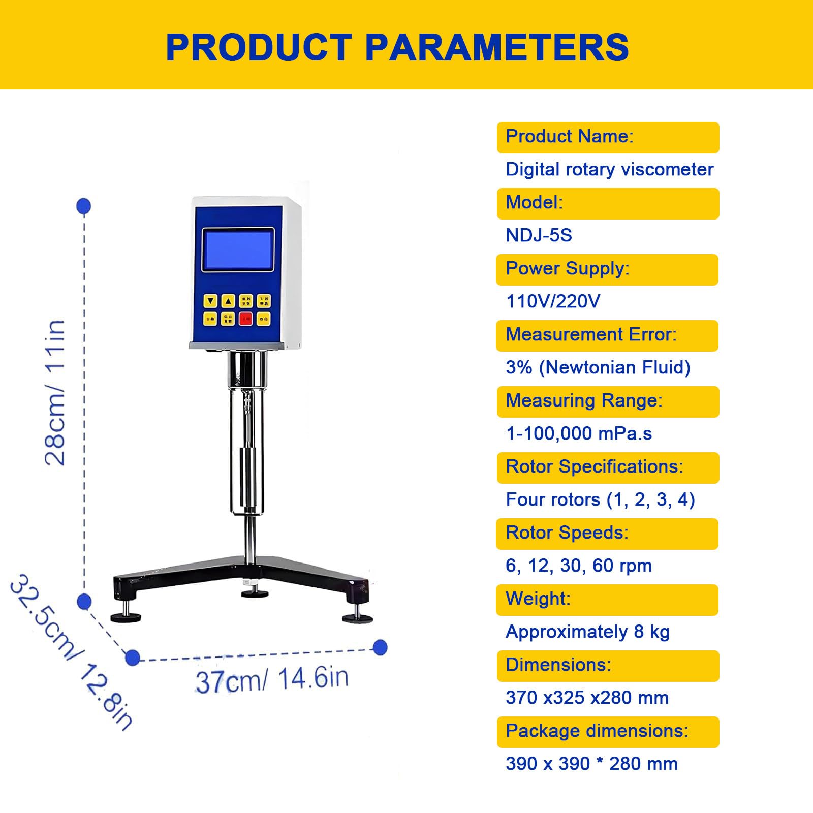 Viscosímetro digital giratorio con 4 rotores y sonda de temperatura, 1-100.000 mPa.s, ± 3% de precisión para tintas, pinturas, recubrimientos, adhesivos y grasas