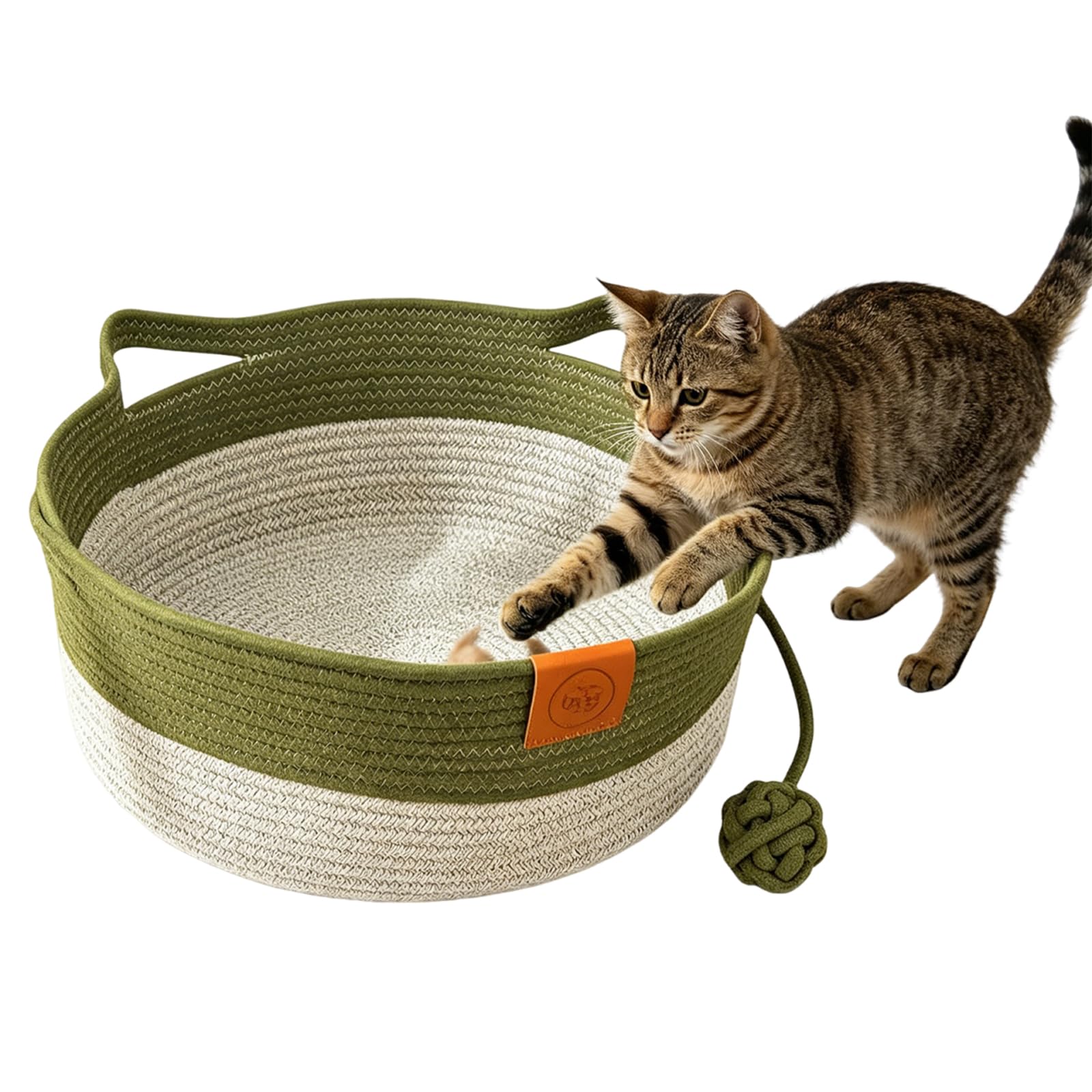 ​Cotton Rope Cat Bed, Woven Cat Basket with Cat Ear Design and Playful Tail Toy, Breathable All Season Pet Nest for Small Cats and Kittens, 2026 Instinct Bed -Olive Green