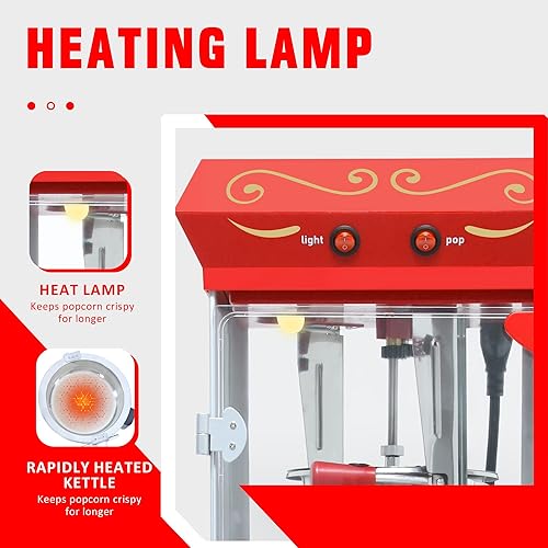 Miniatura 6 de Máquina de palomitas de maíz de 8 onzas con carrito (rojo) – Máquina de palomitas vintage – Control de doble interruptor, hace 20-30 tazas para Rojo