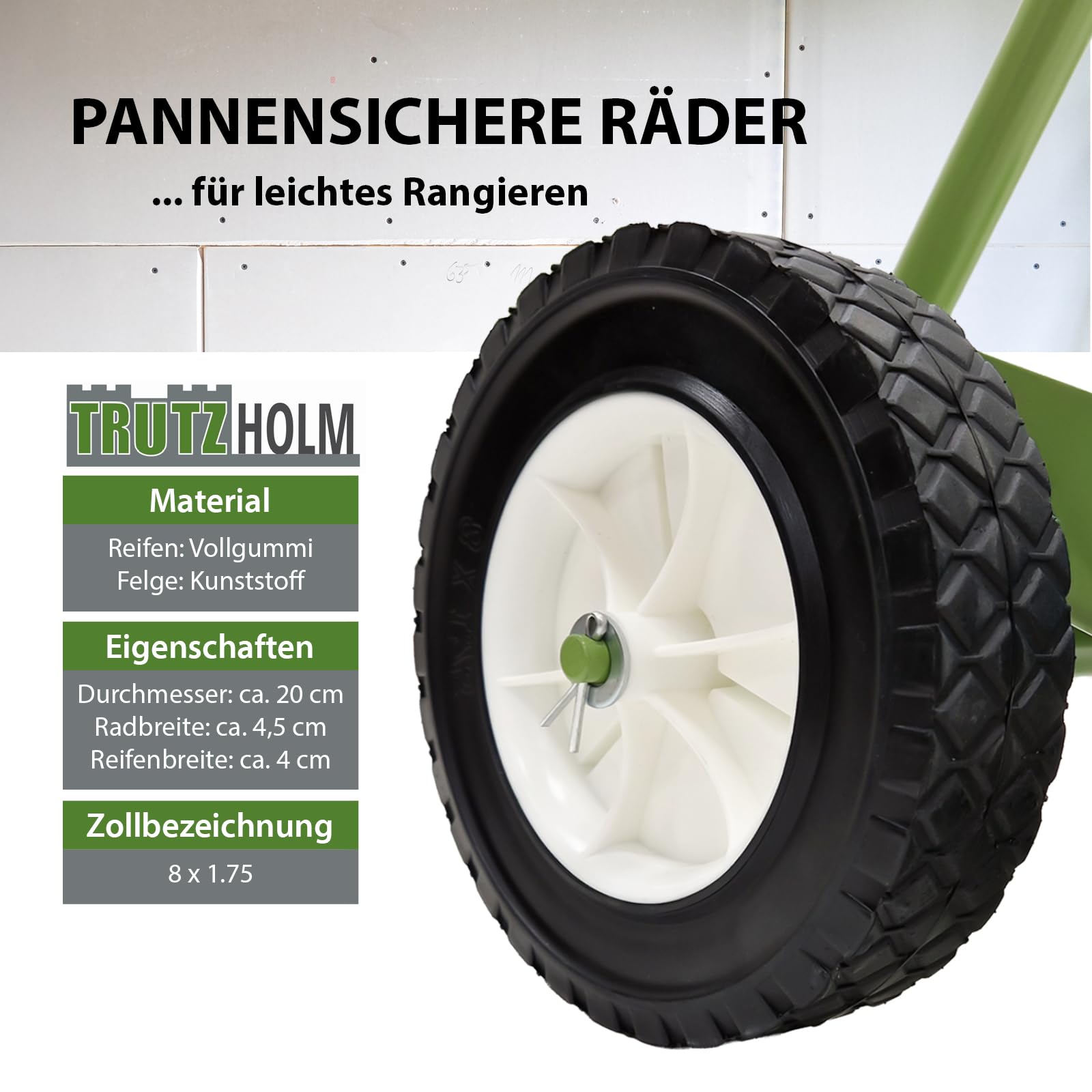 TRUTZHOLM Plattenwagen Stahl pulverbesichtet rostfrei Tragkraft 300 kg Aufstellbreite 18 cm Aufstellhöhe 128 cm pannensichere Vollgummiräder Plattentransportwagen Transportwagen Plattenkarren in Grün