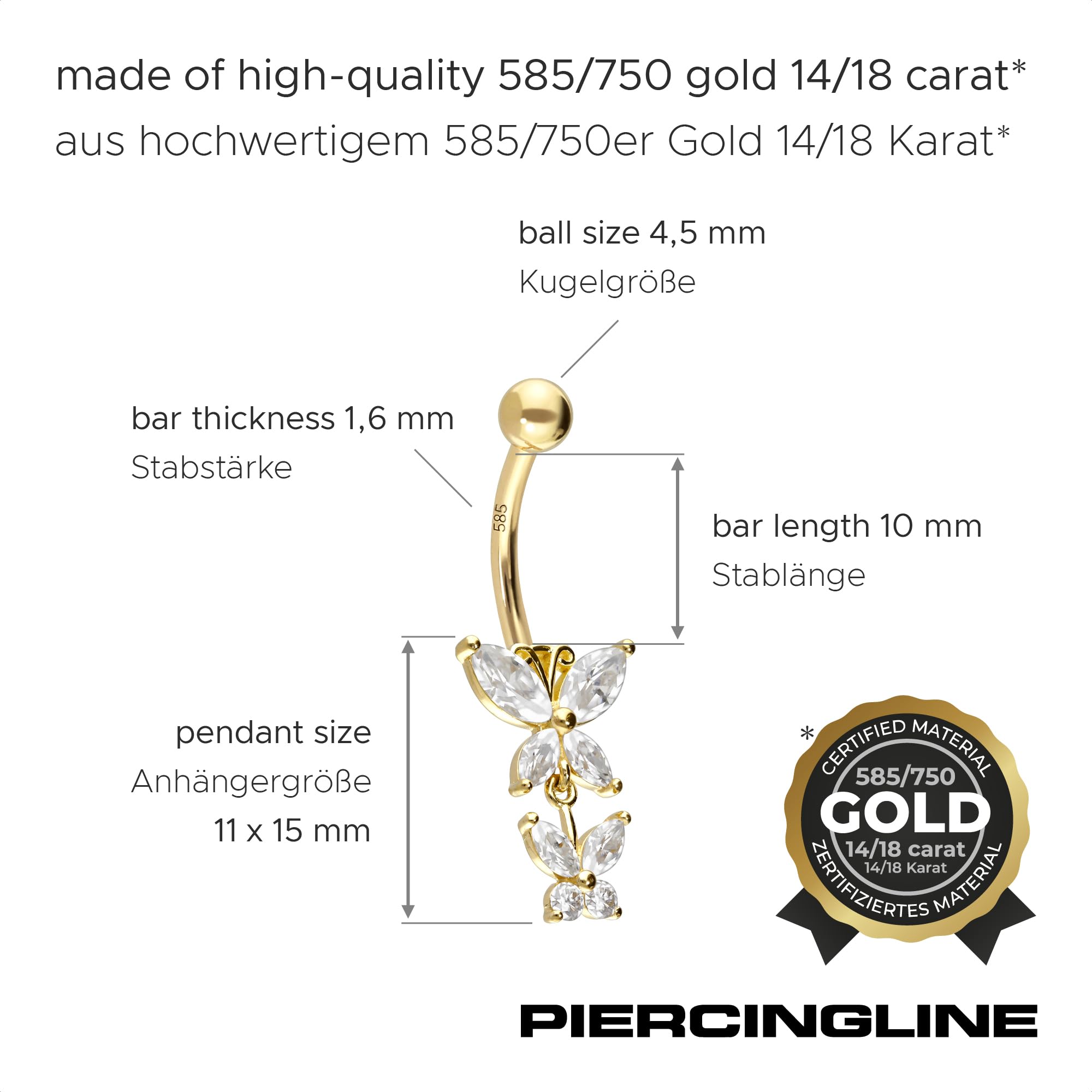 PIERCINGLINE 750er GOLD Bauchnabelpiercing 18 KARAT 2 Schmetterlinge| Piercing Bananabell Banane Gelbgold