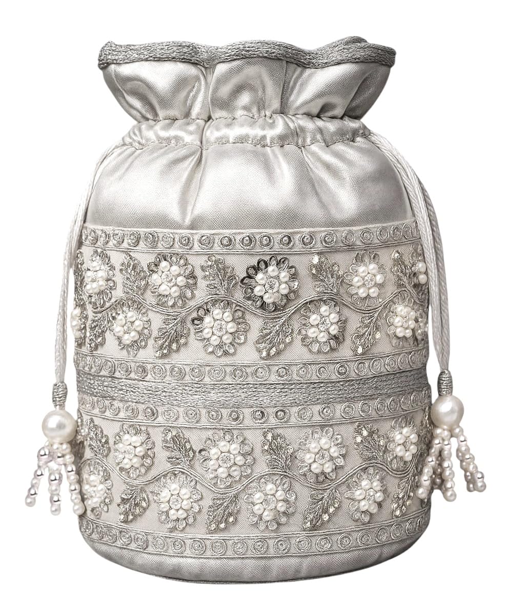 Potli Bags for Ladies for Wedding | Designer Potli Purses for Women | Batua Ladies Potli Bags for Return Gifts | Embroidered Potli Bag for Brides & Festive (Silver)
