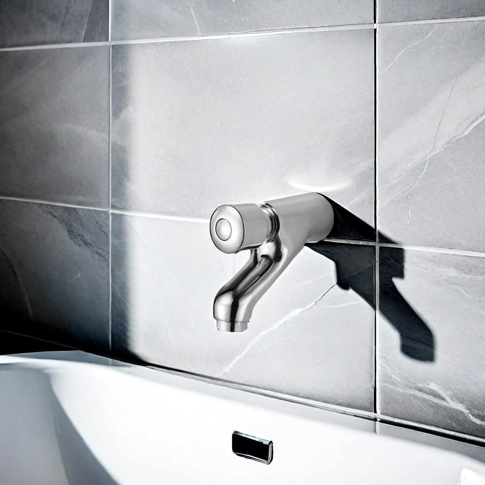 Wall Mount Push Button Faucet Self Closing Basin Tap Time Delay Control Single Handle Cold Water Supply Chrome — view 5