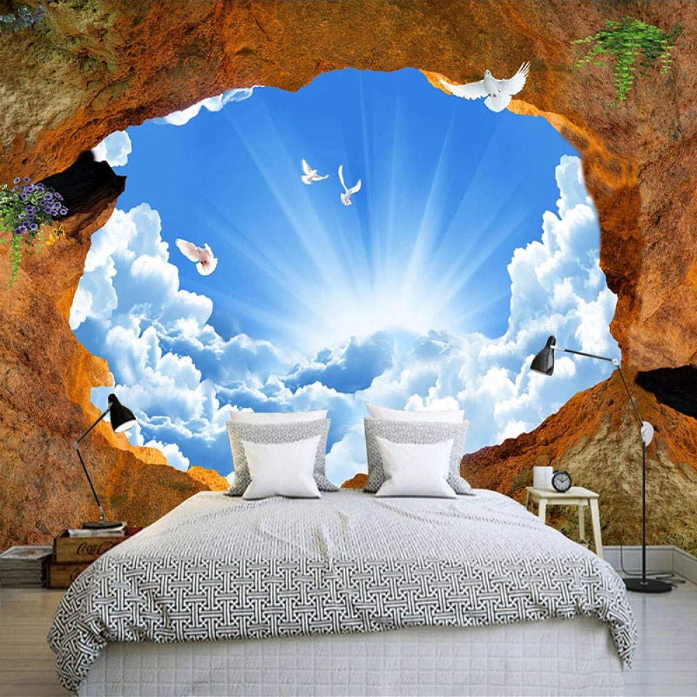 3D Natura Krajobraz Błękitne Niebo Białe Chmury Jaskinia Kamienna Ściana Duży Mural Tapety Malarstwo Salon Sypialnia Zdjęcie W Tle,400(W)*280(H) Cm