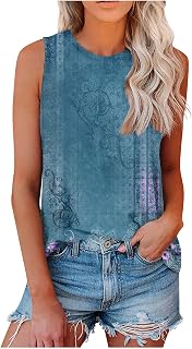 KUNOVO Summer Tank Tops for Women Sexy Women Sleeveless Tank Tops Casual Summer Striped Floral Print Crewneck Cami Casual Loose Pullover T-Shirt Tank Tops
