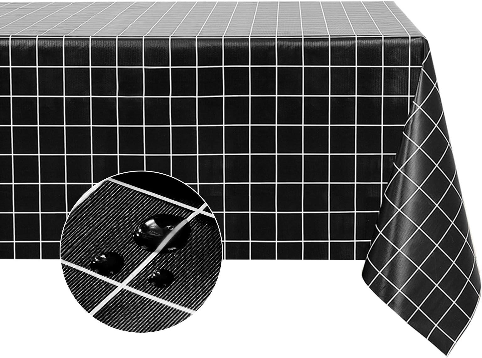 Rectangle Vinyl Tablecloth, 100% Waterproof Oil-Proof Checkered Plastic Table Cloth, Heavy Duty Wipeable Table Covers for Dining, Camping, Picnic, Outdoor - 60 x 84 Inch, Black
