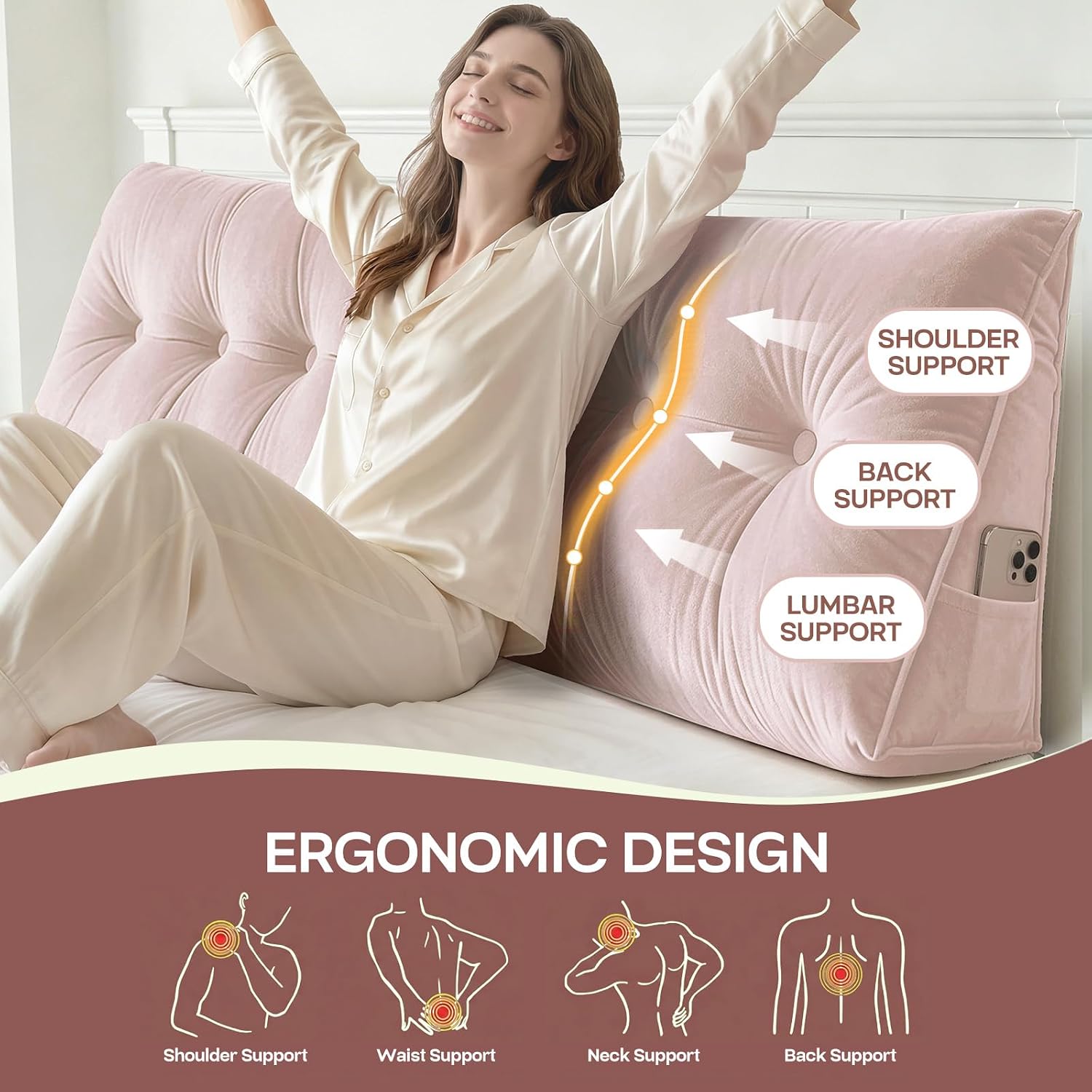 Headboard Pillow Queen, Triangle Wedge Pillow for Headboard, Ergonomic Backrest Cushion for Reading Sitting Working Removable Crystal Velvet Cover for Bed Dorm Sofa (Light Pink, King)