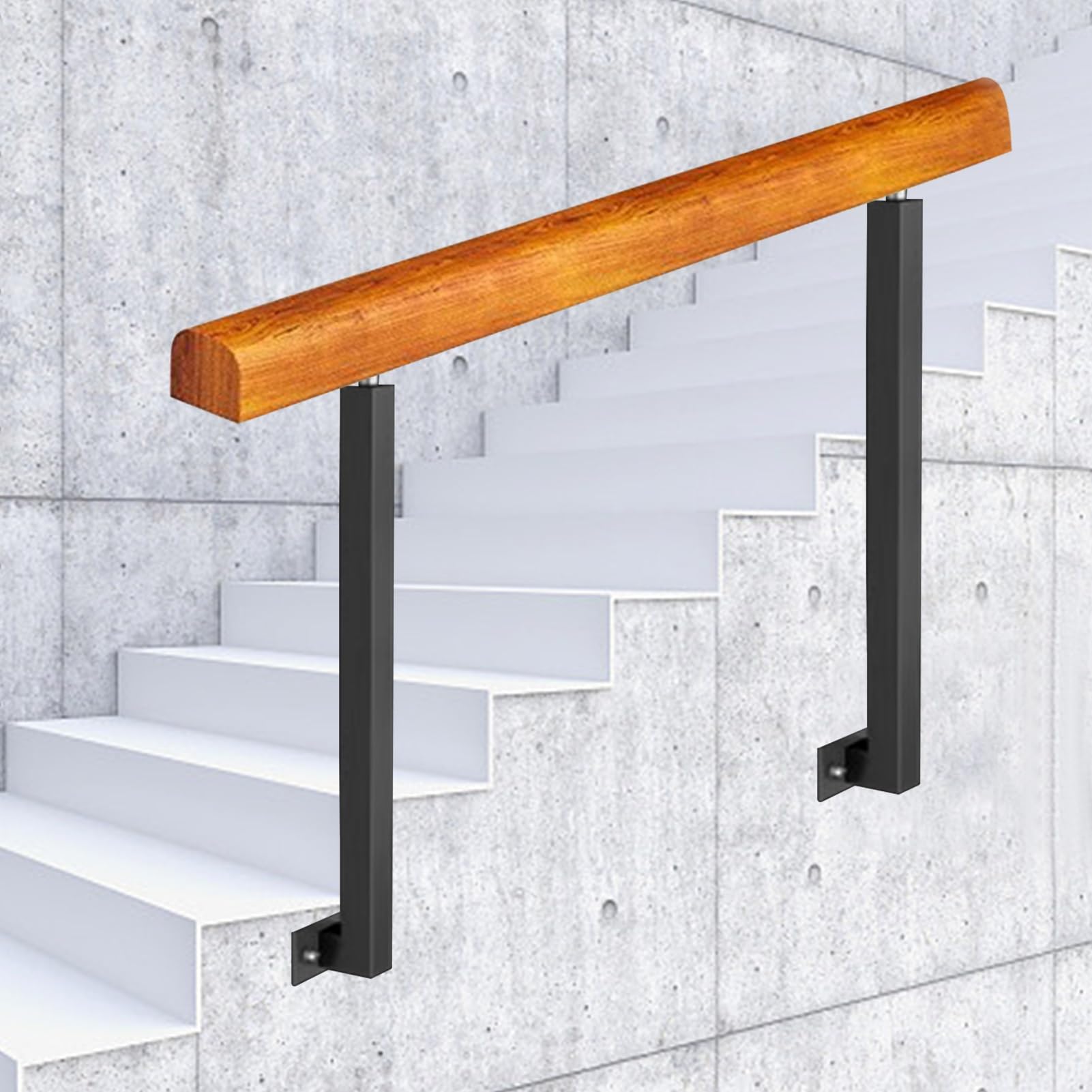 Barandilla de escalera para exteriores con pasamanos de madera y anclaje lateral