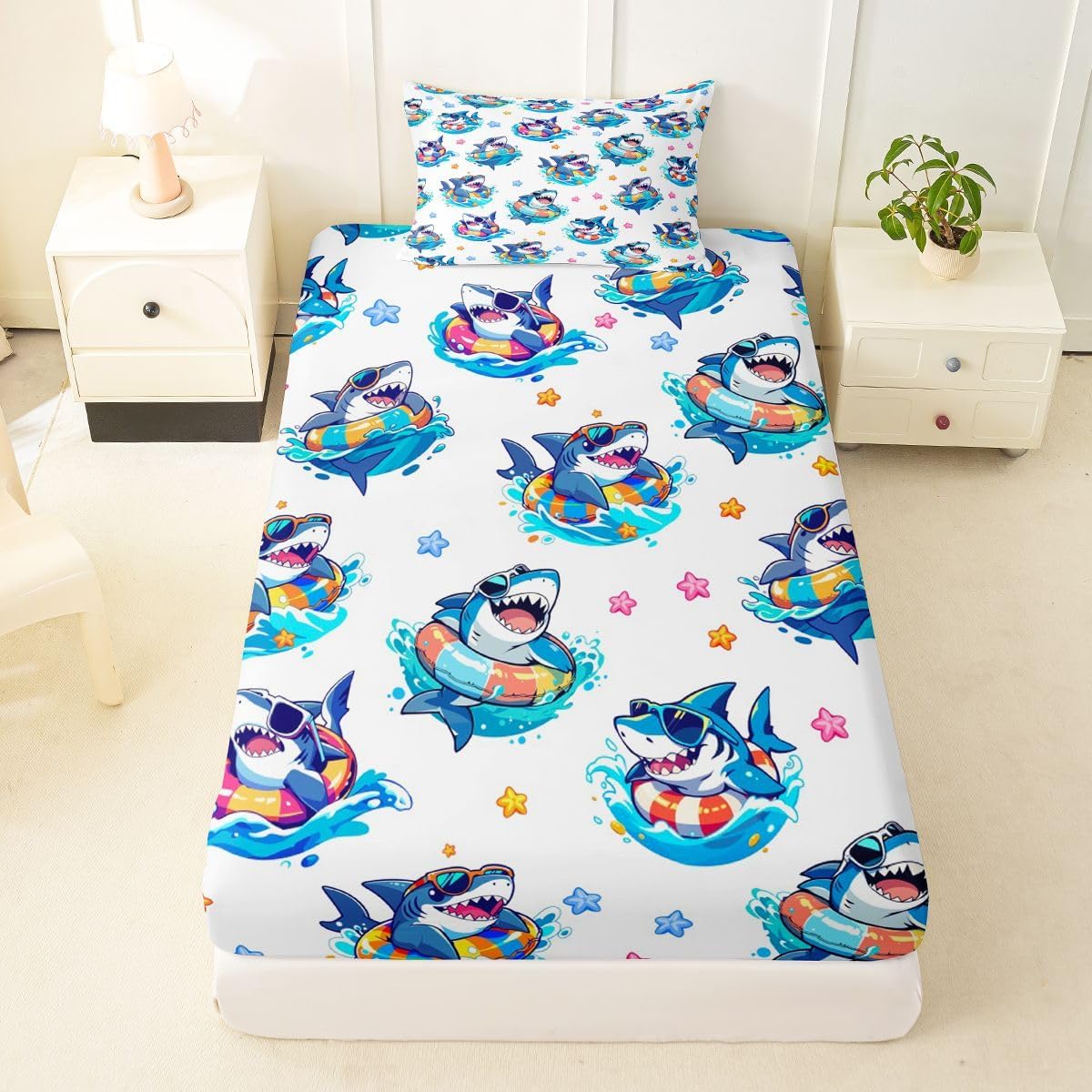 Erosebridal Sharks Fitted Sheet Twin Cartoon Sharks Bedding Set for Kids Teens Starfish Sea Animals Bed Sheets Funny Shark with Glasses Bed Set with Deep Pocket, Microfiber
