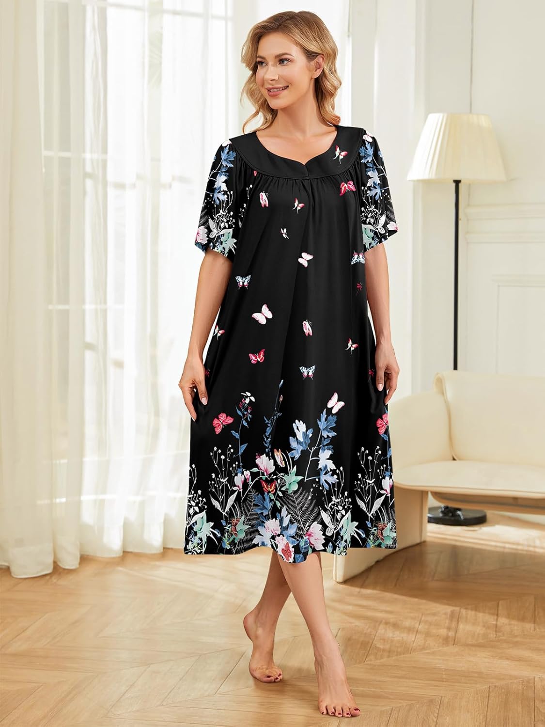 House Dresses for Women with Pockets Moo Moo Nightgown Short Sleeve Mumu Dress Lounge Dress S-3XL - Image 2