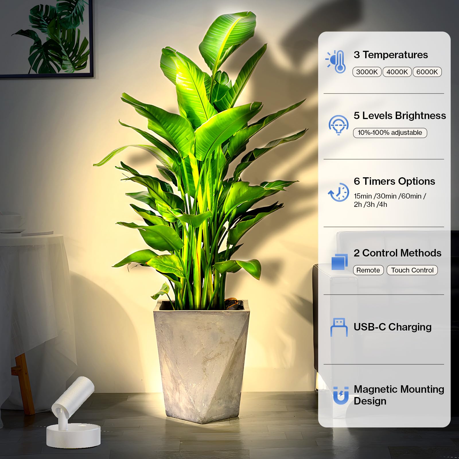 Olafus LED Spotlight Indoor, Rechargeable Battery Uplighting Indoor with Timer?Dimmable Remote, 3CCT Picture Lights for Wall, Wireless Accent Light for Plants Artwork Painting, 2 Pack White