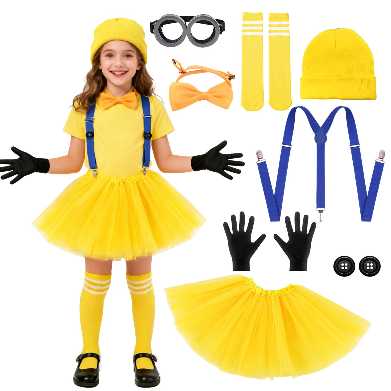 YAEGIMHT Yellow Costume Set for Children – Glasses, Gloves, Adjustable Straps, Yellow Hat, Bow Tie, Socks, Buttons – Cosplay for Halloween & World Book Day (2) — image 1