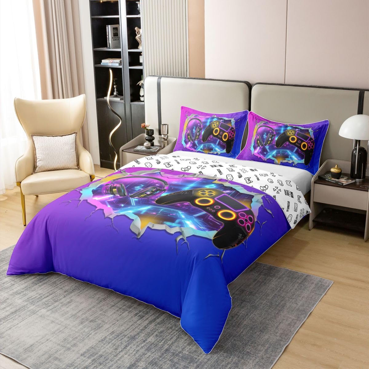 Homemissing Set di biancheria da letto in 100% cotone, per letto king size, per bambini e bambine, motivo console di videogiochi, decorazione per camera da letto, 3 pezzi, chiusura lampo e