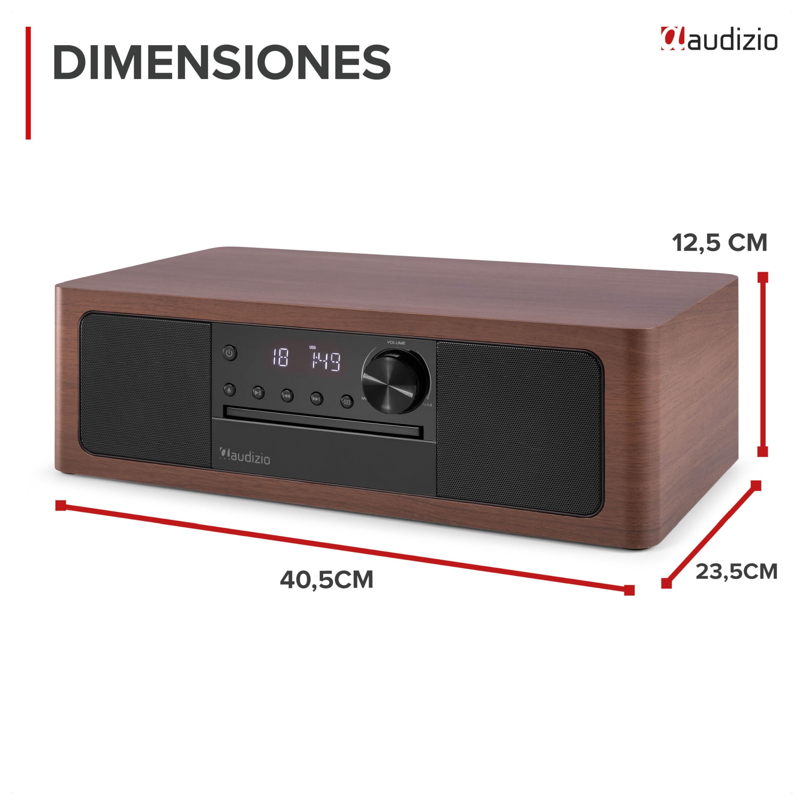 Audizio Lunata – Radio Dab+ y FM con Reproductor de CD, Bluetooth 5.3 y Potencia de 100W, Sistema Multimedia con HDMI ARC, USB y Altavoces estéreo, Acabado en Madera Oscura