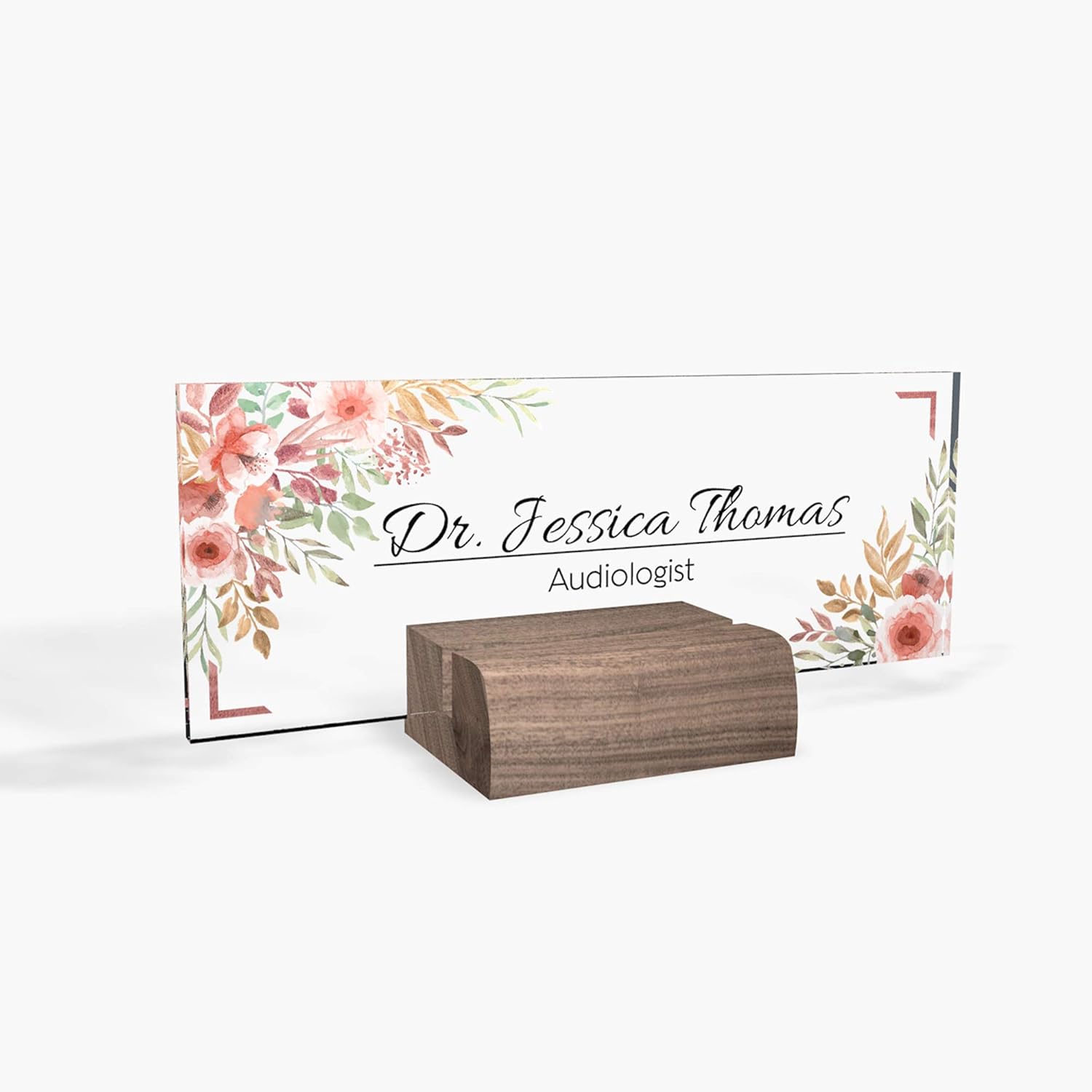 Personalized Desk nameplate Desk Decor Walnut Wood Base Holder Office Supply Acrylic Sign Coworker Gift Teacher Secretary - Women Flower Floral (8"x3")