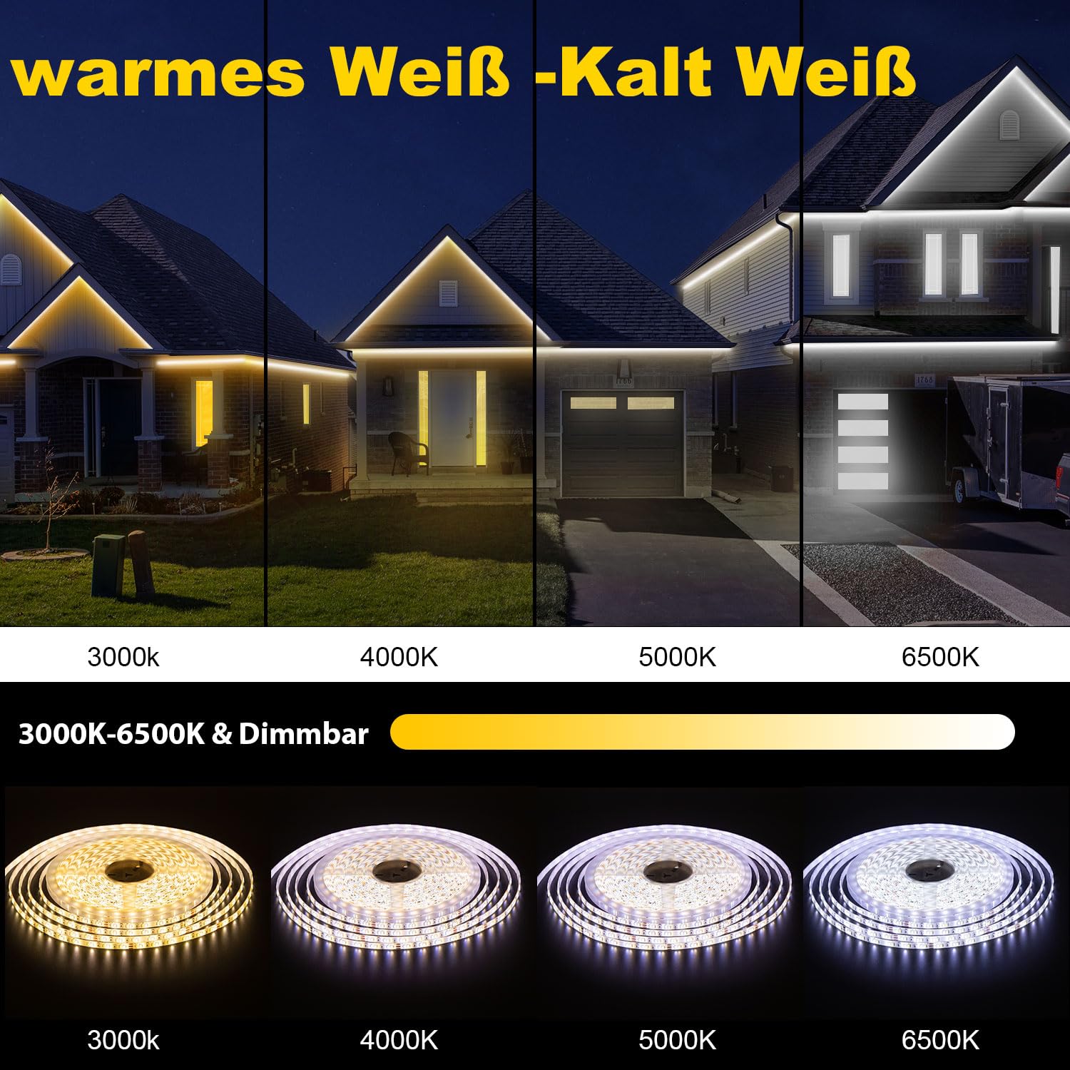 Striscia LED Esterno Bianco Freddo a Bianco Caldo Dimmerabile, Luci LED Compatibile con Alexa, Luce LED Senza Filo Smart, 24v Impermeabile Striscia Adesive per Cucina, Giardino (IP67) (15M)